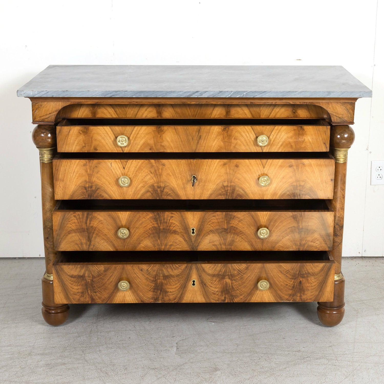 19th Century French Empire Period Walnut and Bookmatched Flaming Walnut Commode with Marble Top