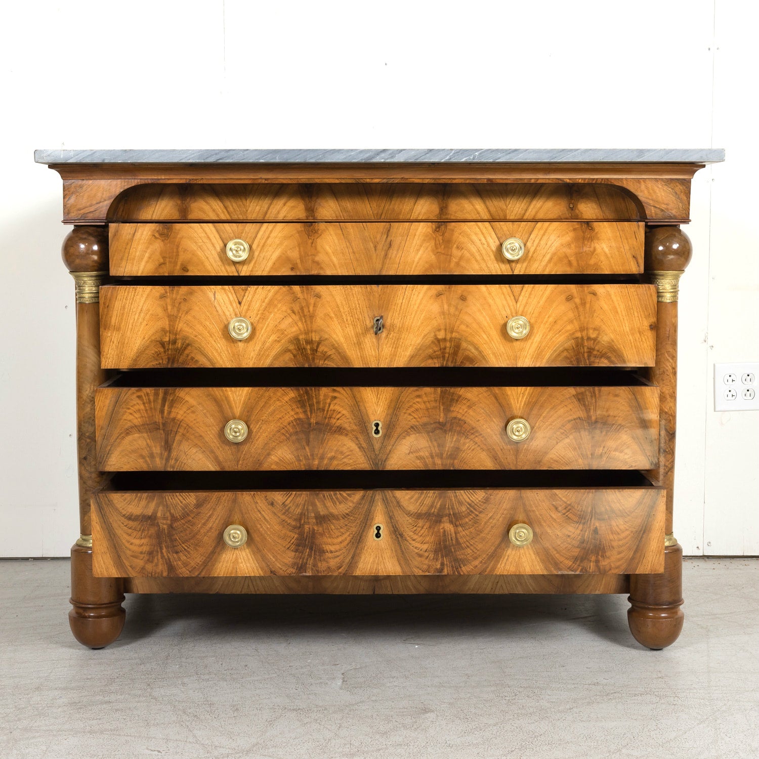 19th Century French Empire Period Walnut and Bookmatched Flaming Walnut Commode with Marble Top