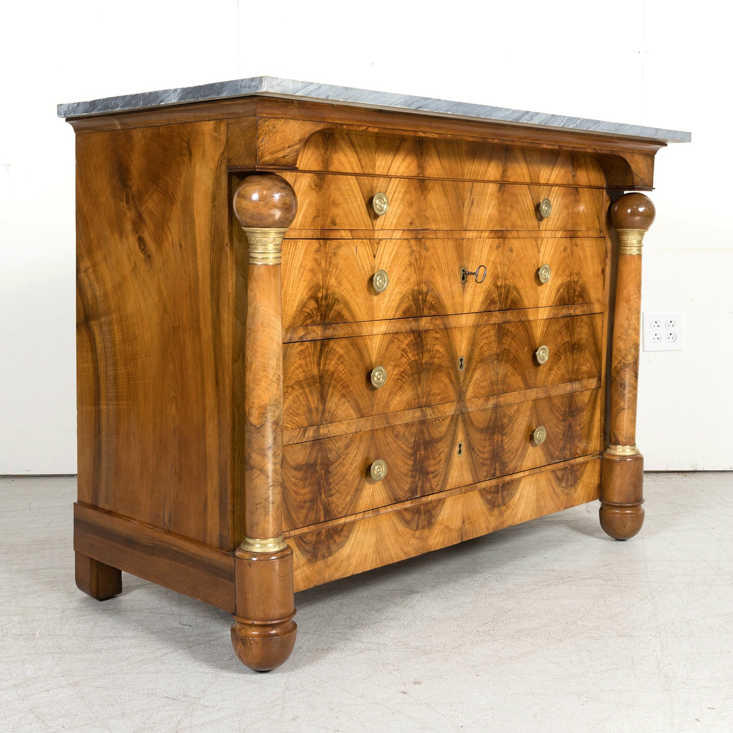 19th Century French Empire Period Walnut and Bookmatched Flaming Walnut Commode with Marble Top