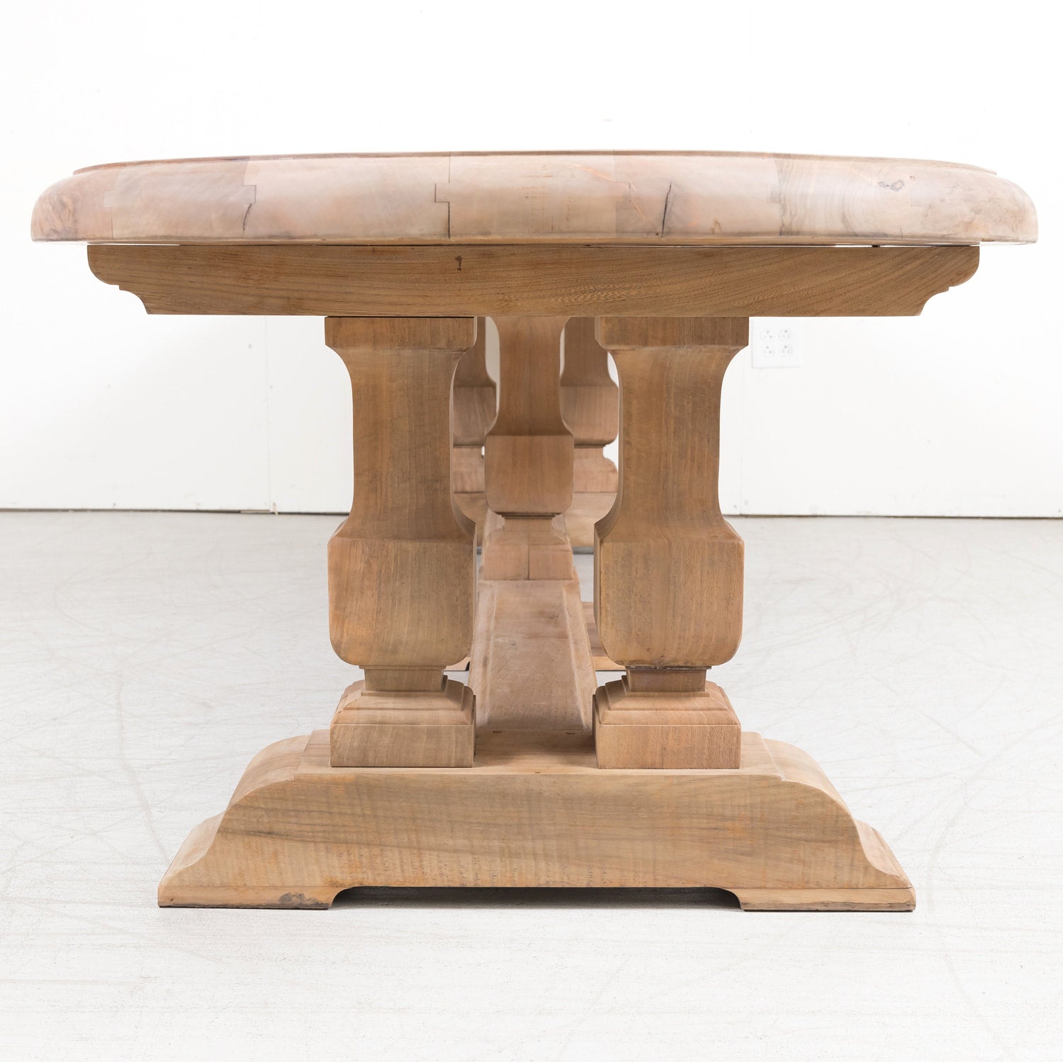 Impressive Antique French Bleached Walnut Trestle Dining Table with Rounded Edges