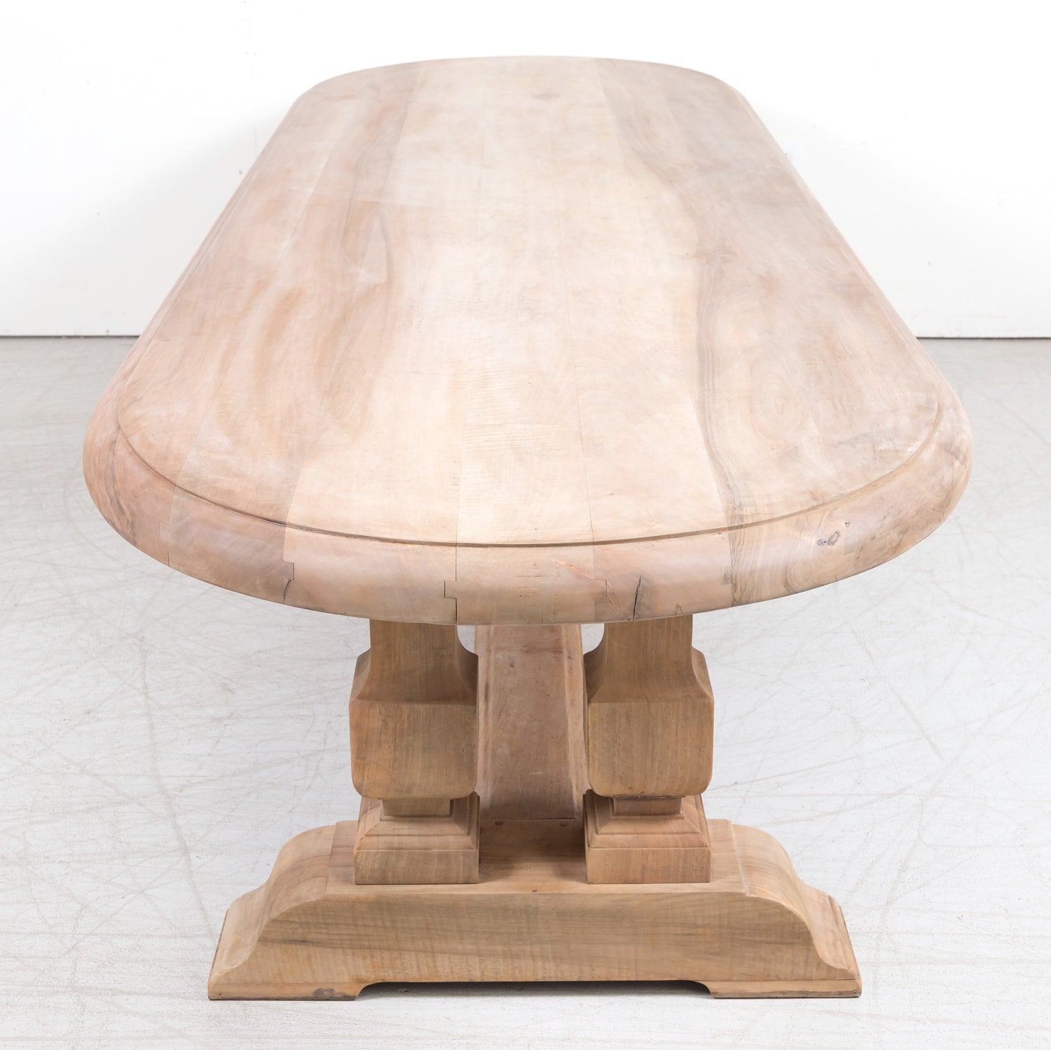 Impressive Antique French Bleached Walnut Trestle Dining Table with Rounded Edges