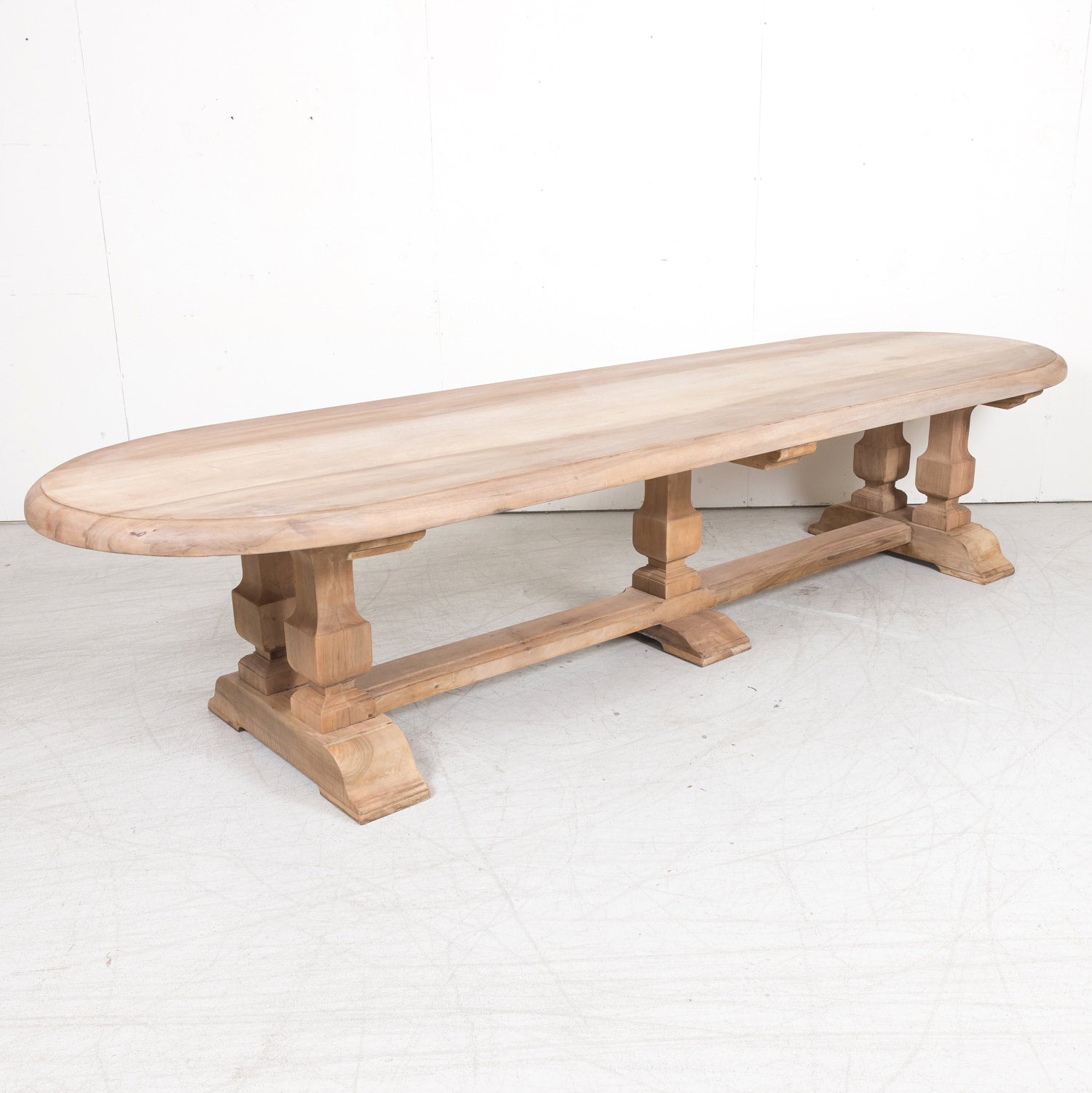 Impressive Antique French Bleached Walnut Trestle Dining Table with Rounded Edges