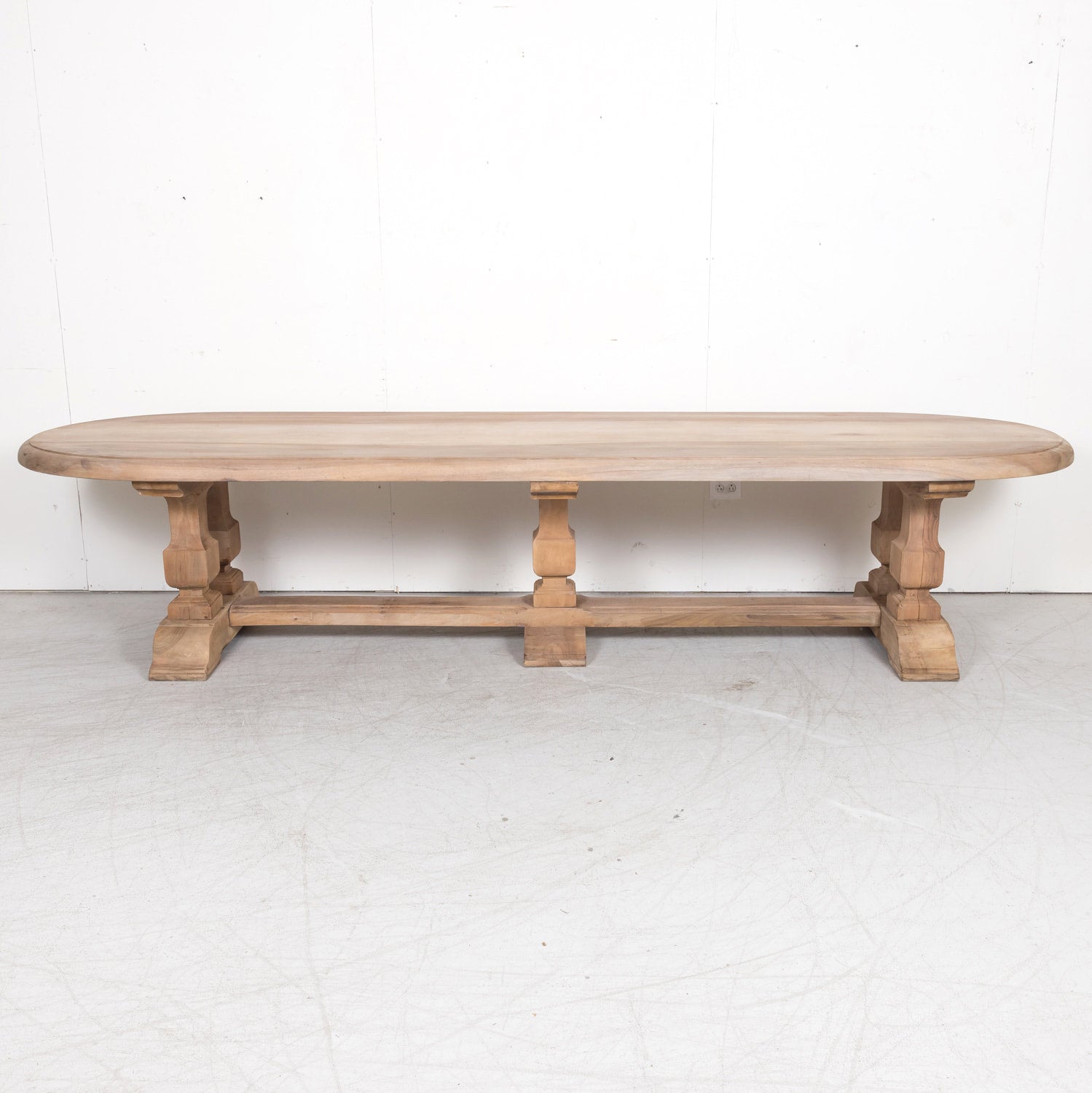 Impressive Antique French Bleached Walnut Trestle Dining Table with Rounded Edges