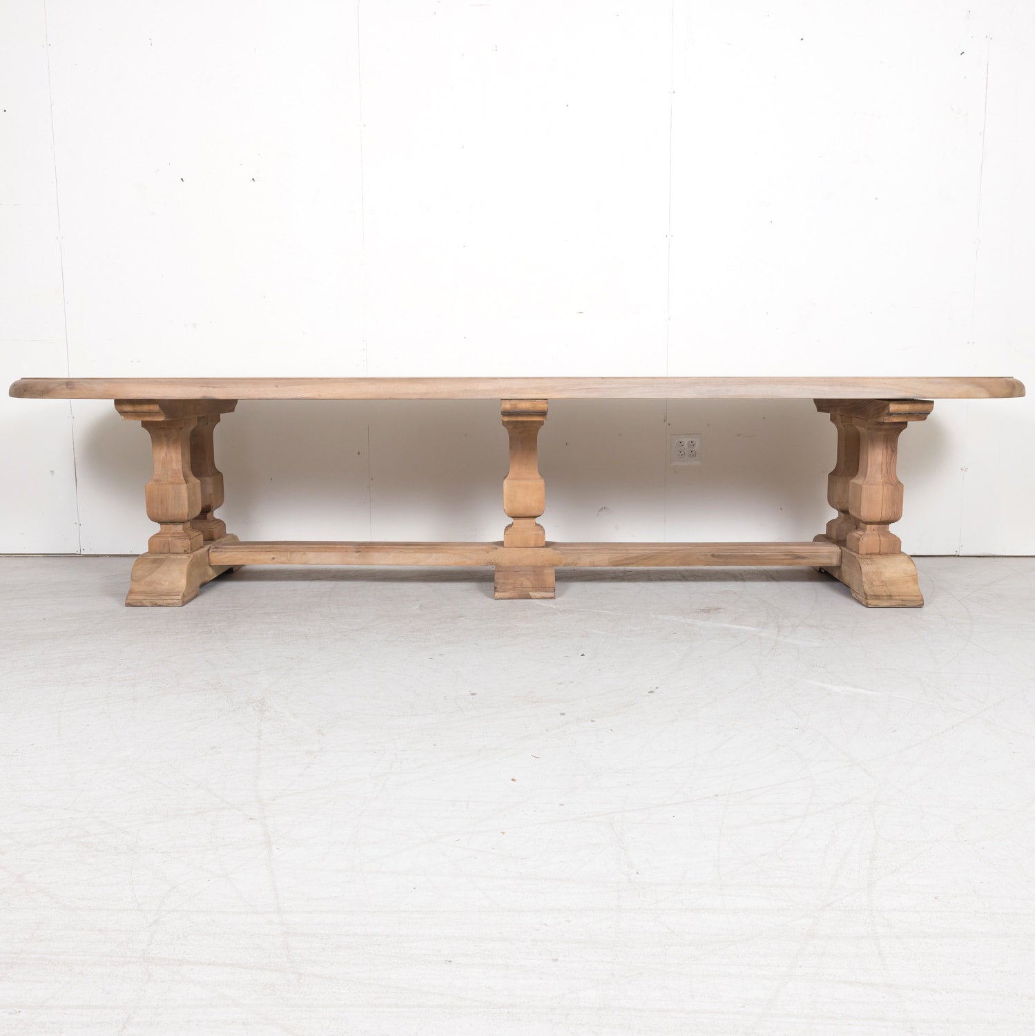 Impressive Antique French Bleached Walnut Trestle Dining Table with Rounded Edges