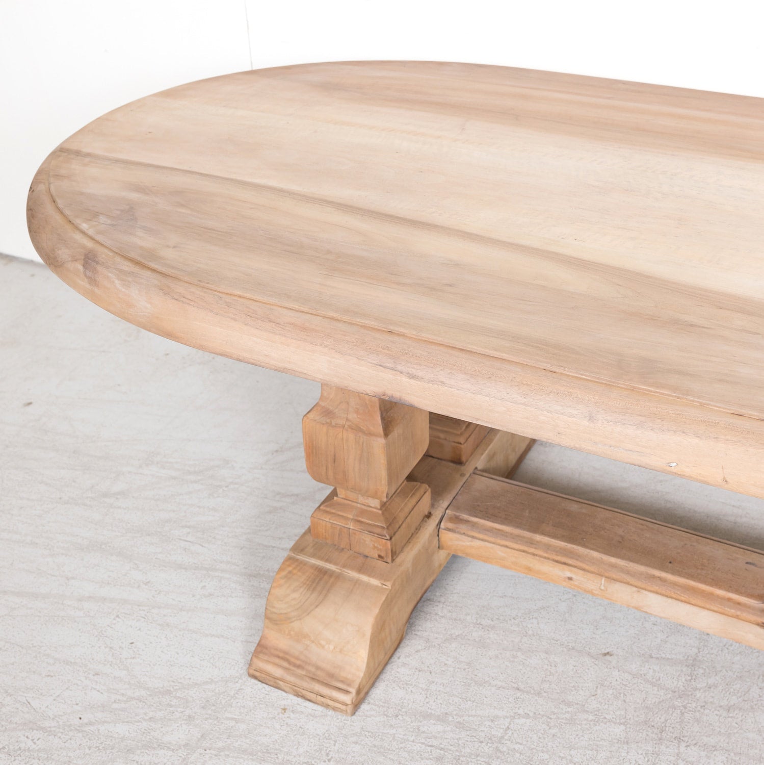 Impressive Antique French Bleached Walnut Trestle Dining Table with Rounded Edges