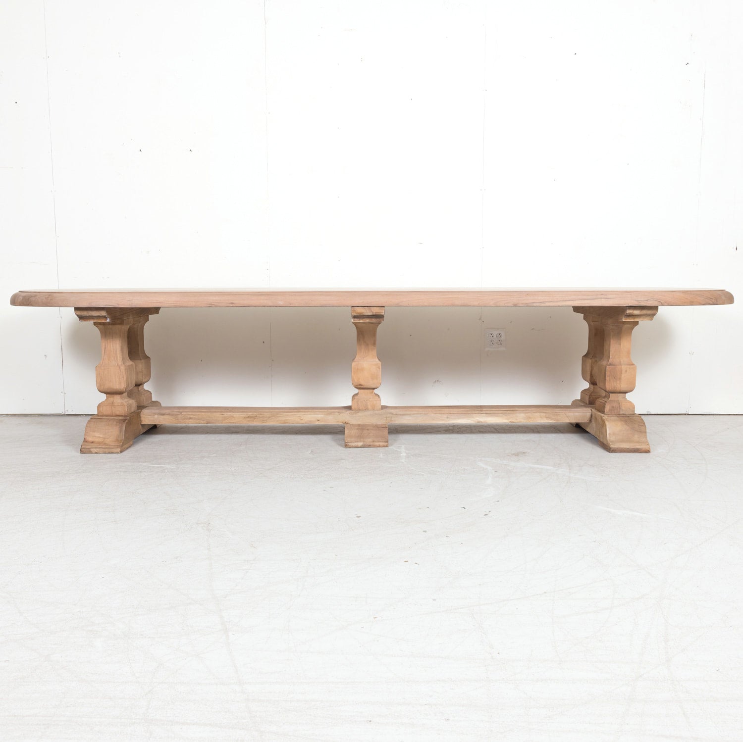 Impressive Antique French Bleached Walnut Trestle Dining Table with Rounded Edges