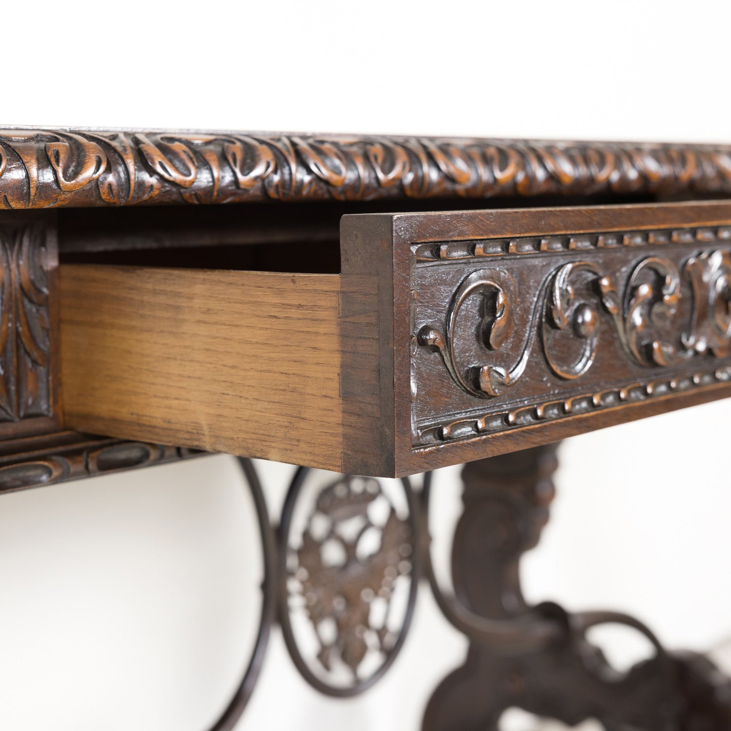 19th Century Spanish Baroque Style Lyre Leg Walnut Writing Table or Side Table with Iron Stretchers