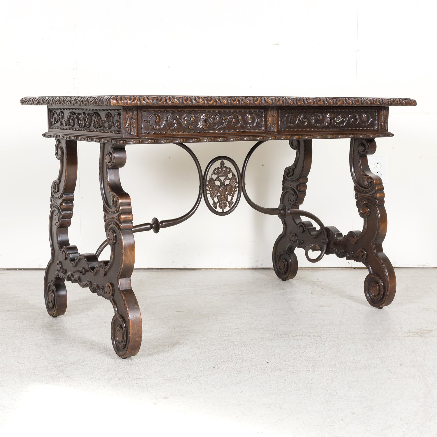 19th Century Spanish Baroque Style Lyre Leg Walnut Writing Table or Side Table with Iron Stretchers