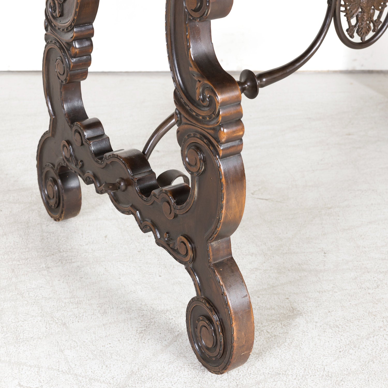 19th Century Spanish Baroque Style Lyre Leg Walnut Writing Table or Side Table with Iron Stretchers