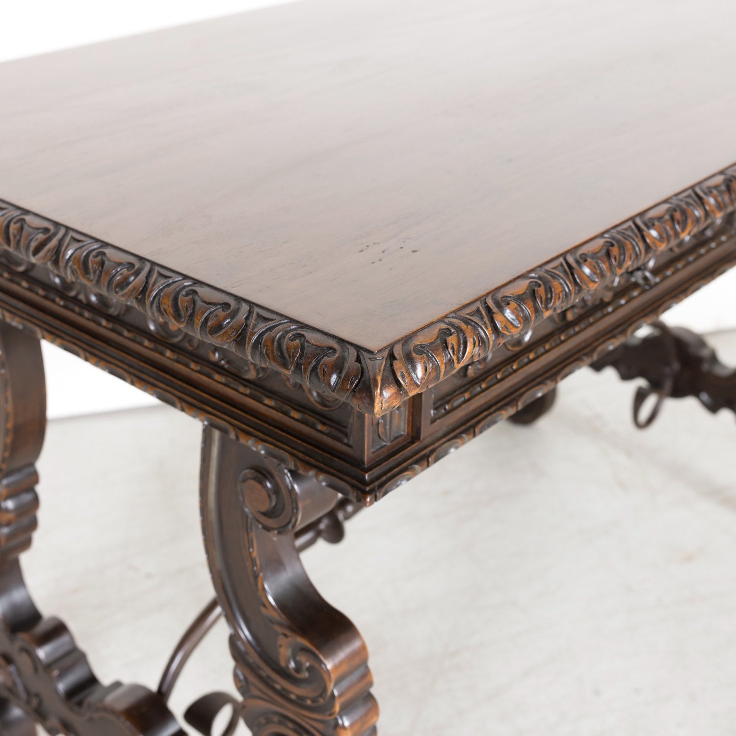 19th Century Spanish Baroque Style Lyre Leg Walnut Writing Table or Side Table with Iron Stretchers