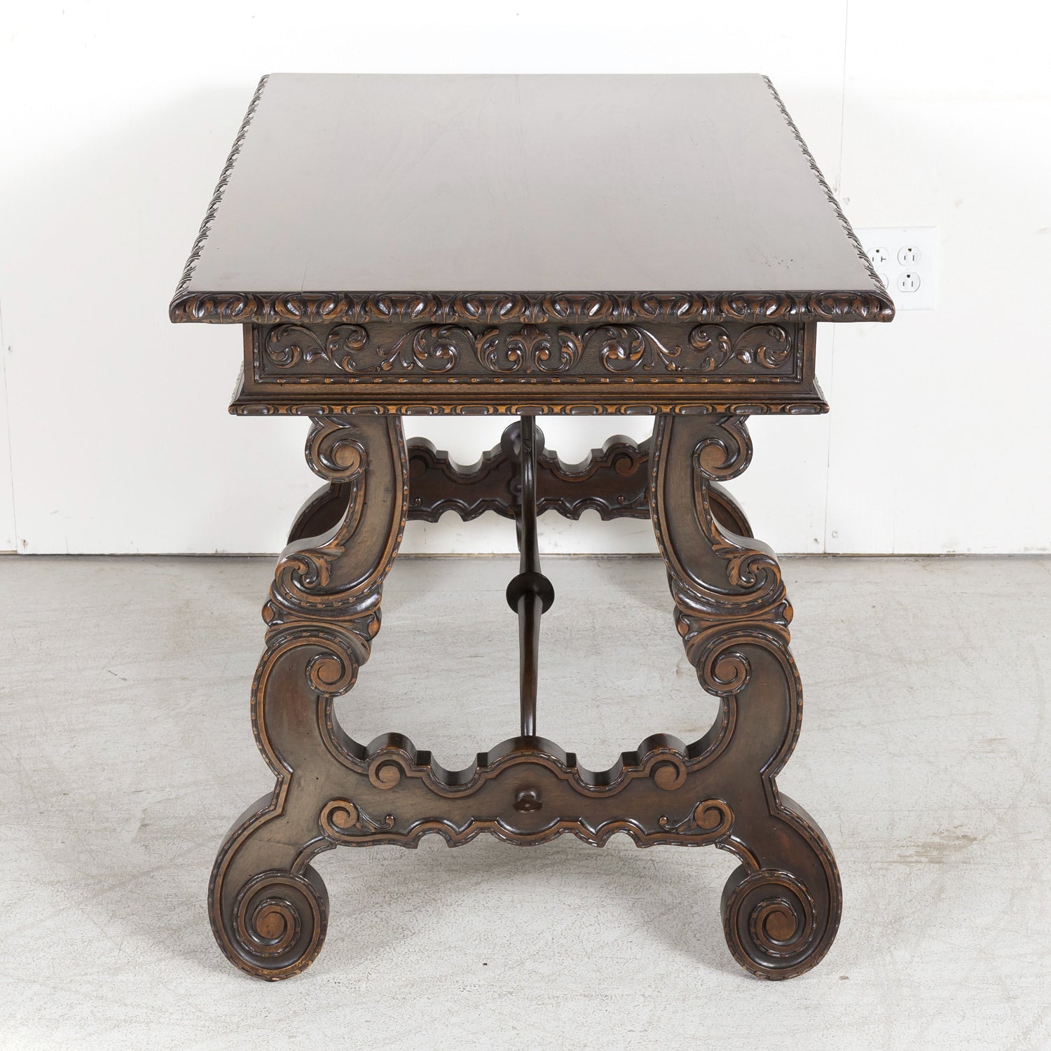 19th Century Spanish Baroque Style Lyre Leg Walnut Writing Table or Side Table with Iron Stretchers