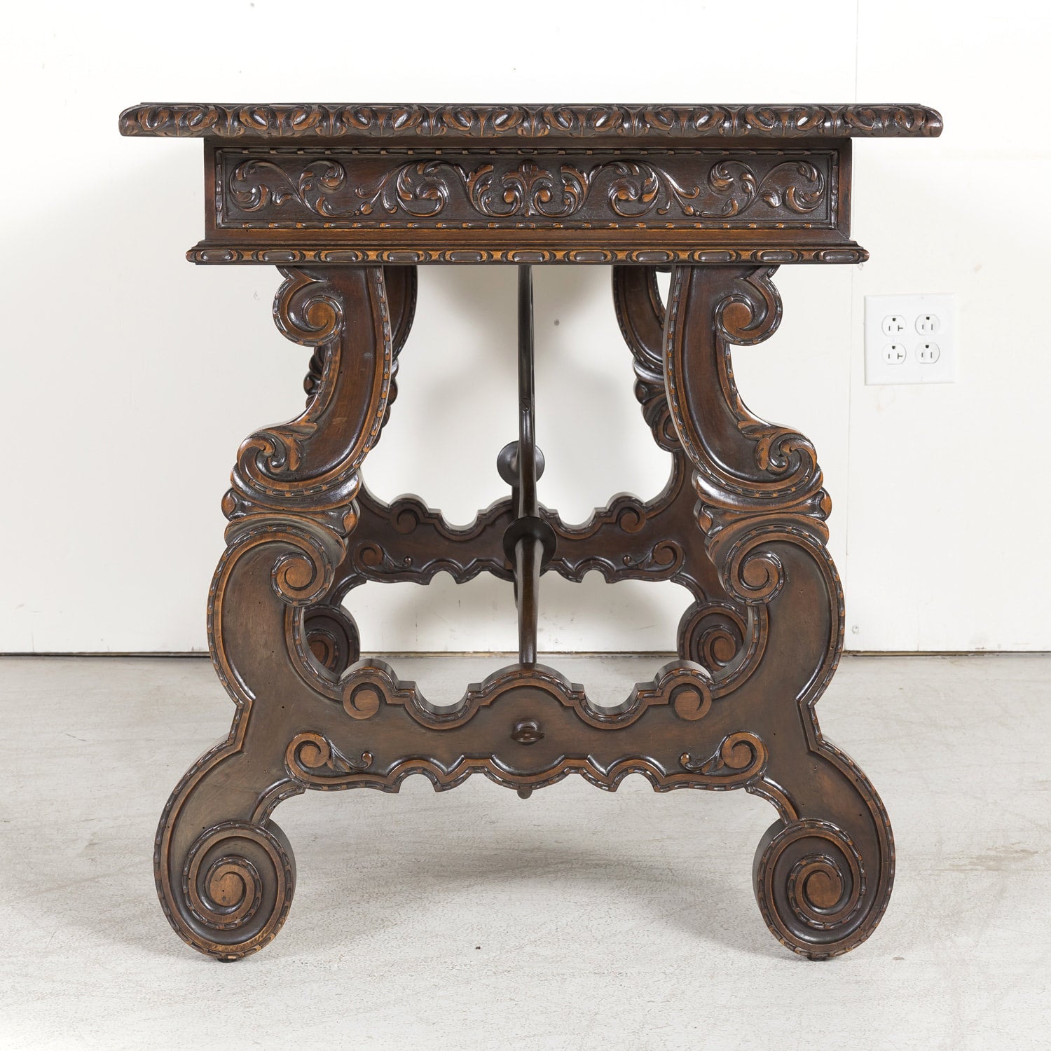 19th Century Spanish Baroque Style Lyre Leg Walnut Writing Table or Side Table with Iron Stretchers