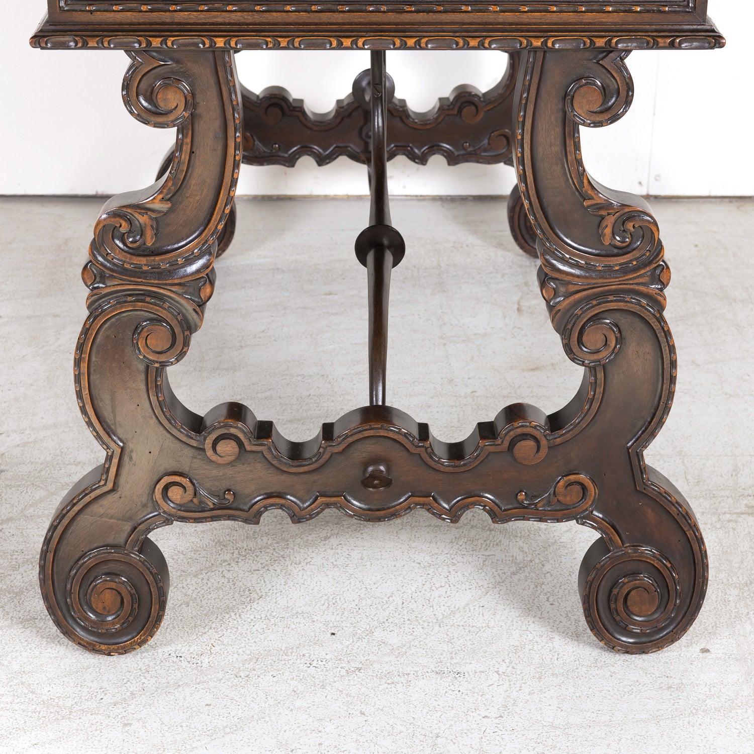 19th Century Spanish Baroque Style Lyre Leg Walnut Writing Table or Side Table with Iron Stretchers