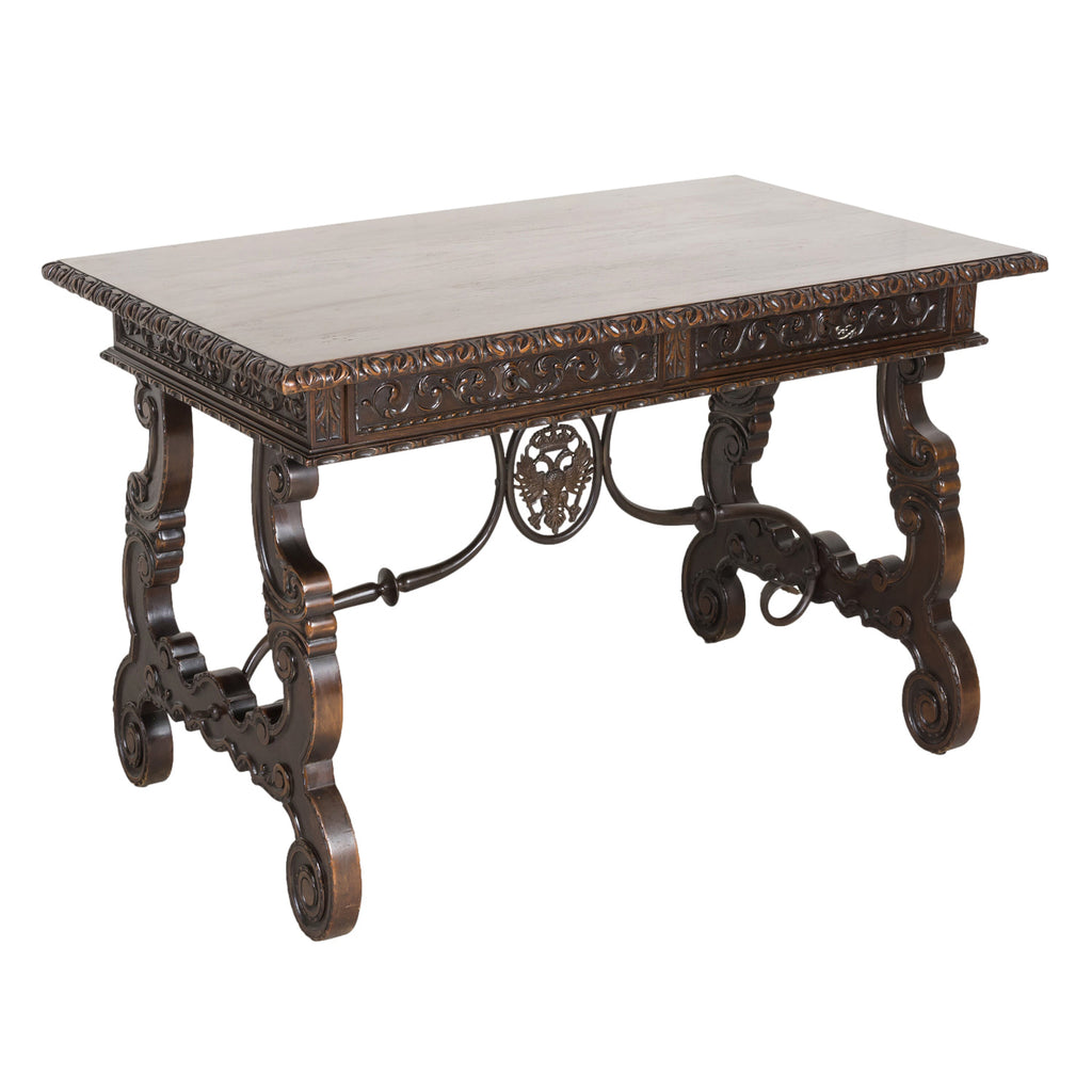 19th Century Spanish Baroque Style Lyre Leg Walnut Writing Table or Side Table with Iron Stretchers