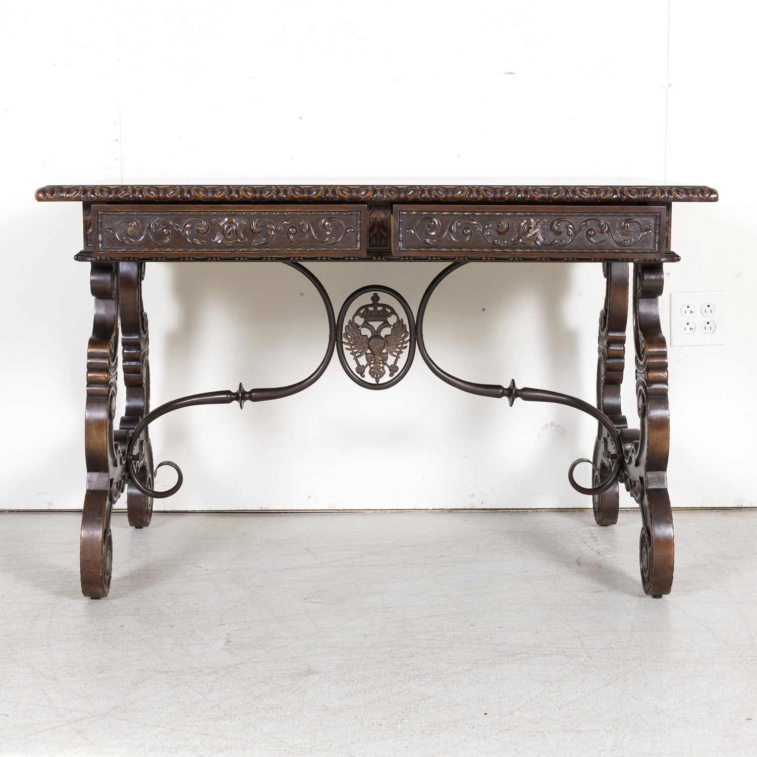 19th Century Spanish Baroque Style Lyre Leg Walnut Writing Table or Side Table with Iron Stretchers