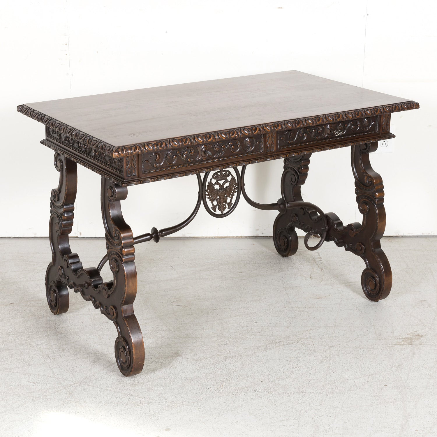 19th Century Spanish Baroque Style Lyre Leg Walnut Writing Table or Side Table with Iron Stretchers