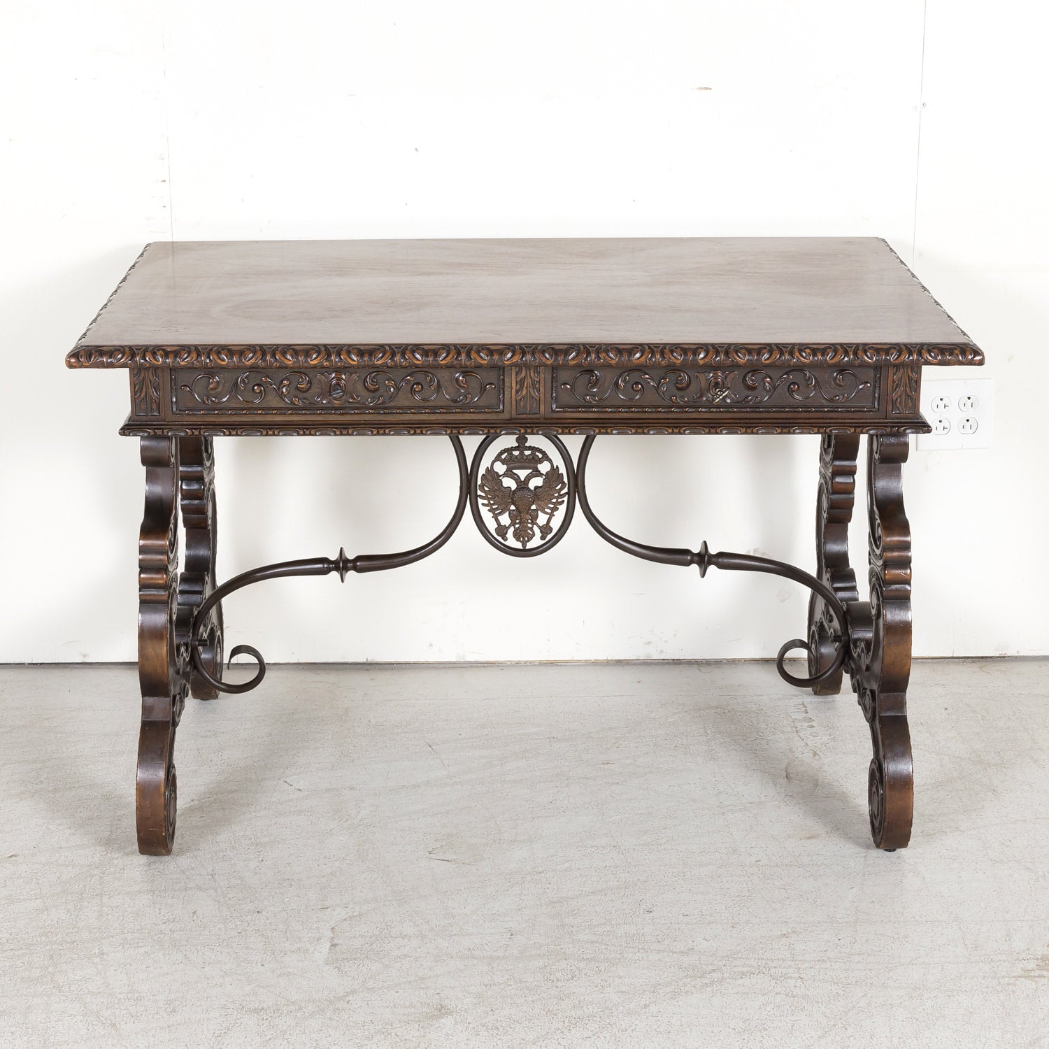 19th Century Spanish Baroque Style Lyre Leg Walnut Writing Table or Side Table with Iron Stretchers