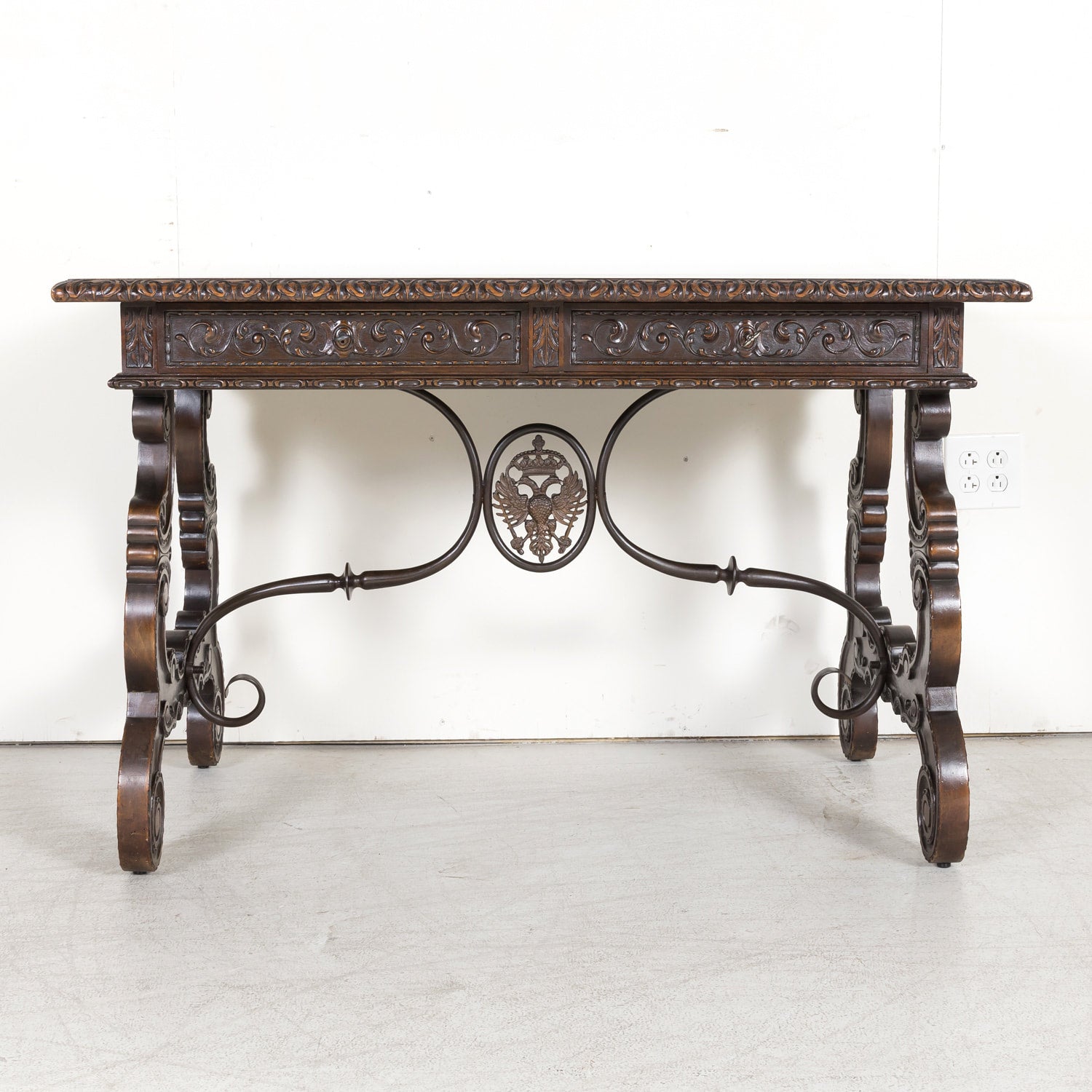 19th Century Spanish Baroque Style Lyre Leg Walnut Writing Table or Side Table with Iron Stretchers