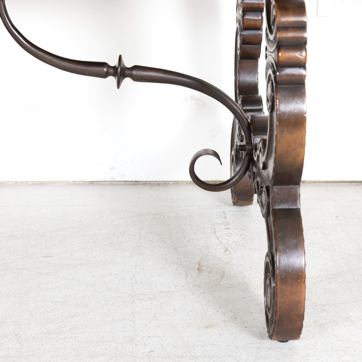 19th Century Spanish Baroque Style Lyre Leg Walnut Writing Table or Side Table with Iron Stretchers