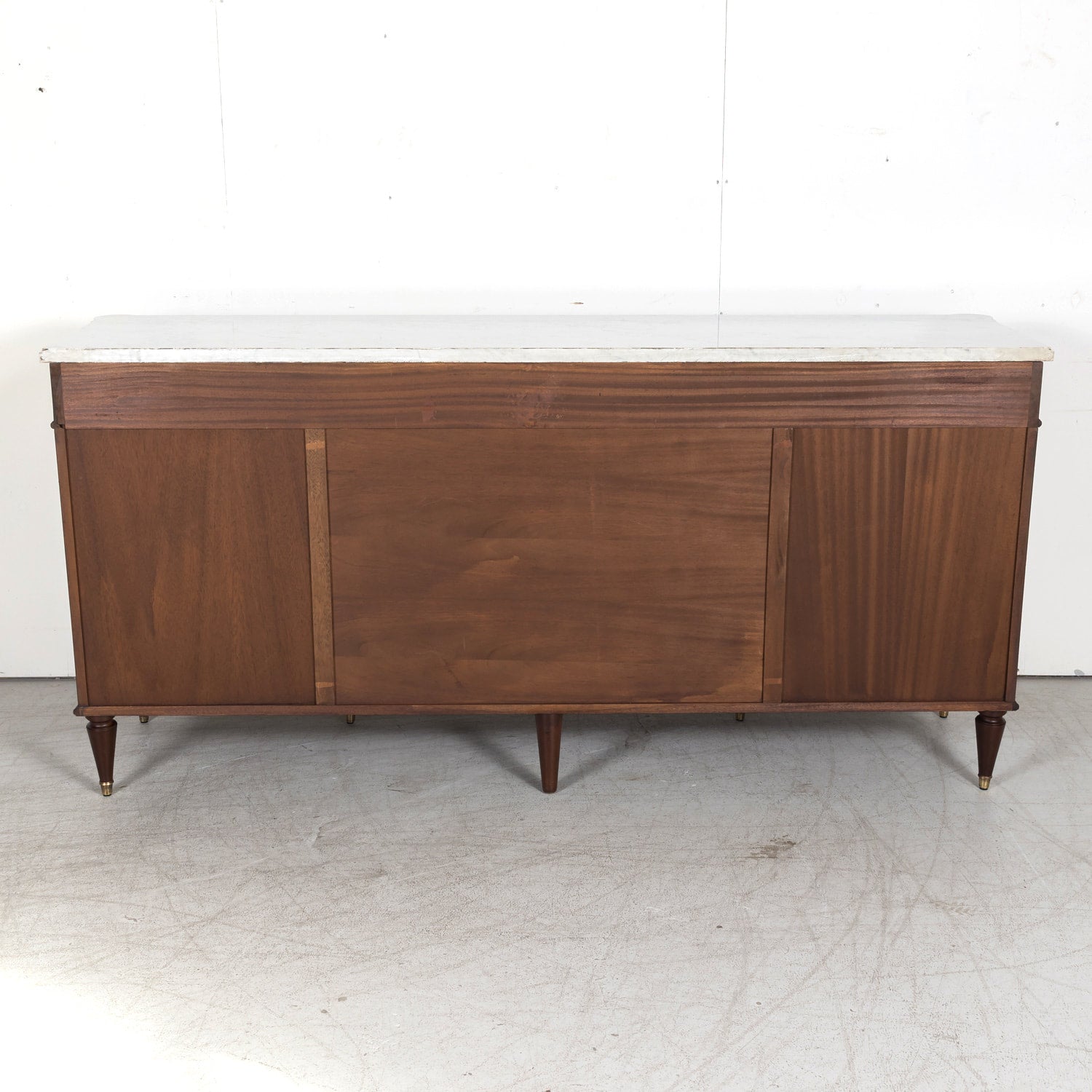 Antique French Louis XVI Style Mahogany Enfilade Buffet with Carrara Marble Top and Brass Trim