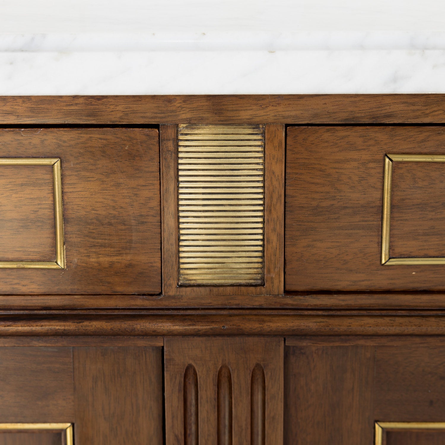 Antique French Louis XVI Style Mahogany Enfilade Buffet with Carrara Marble Top and Brass Trim