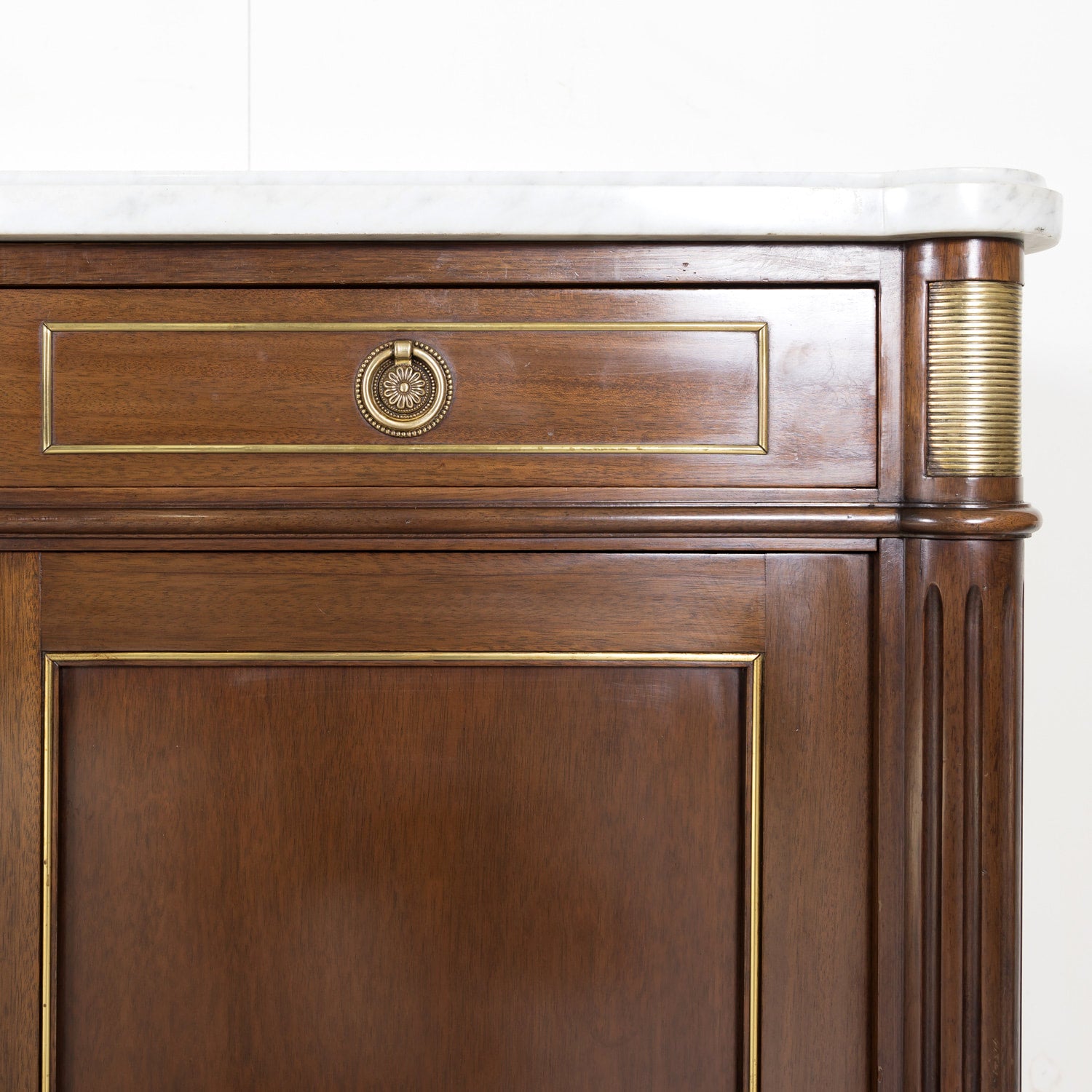 Antique French Louis XVI Style Mahogany Enfilade Buffet with Carrara Marble Top and Brass Trim