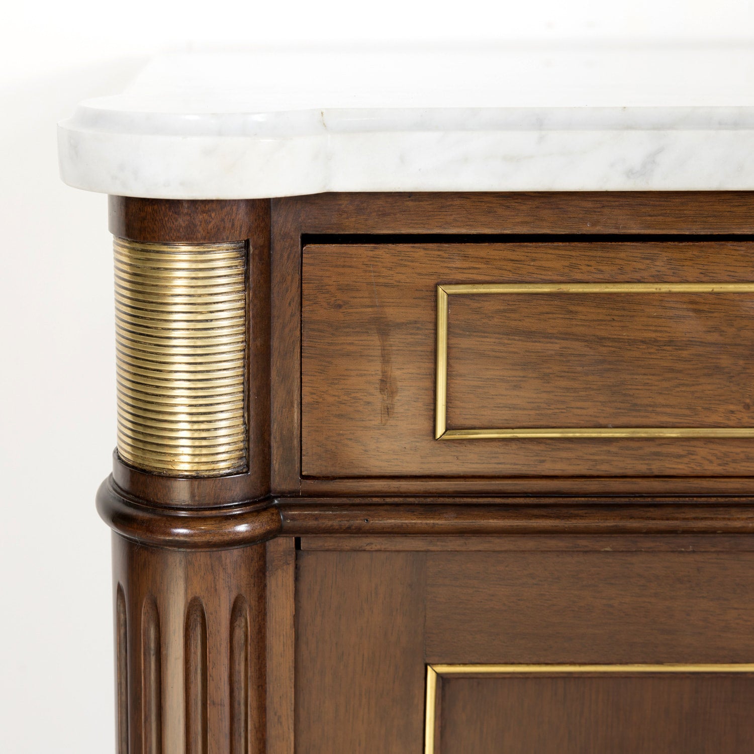 Antique French Louis XVI Style Mahogany Enfilade Buffet with Carrara Marble Top and Brass Trim