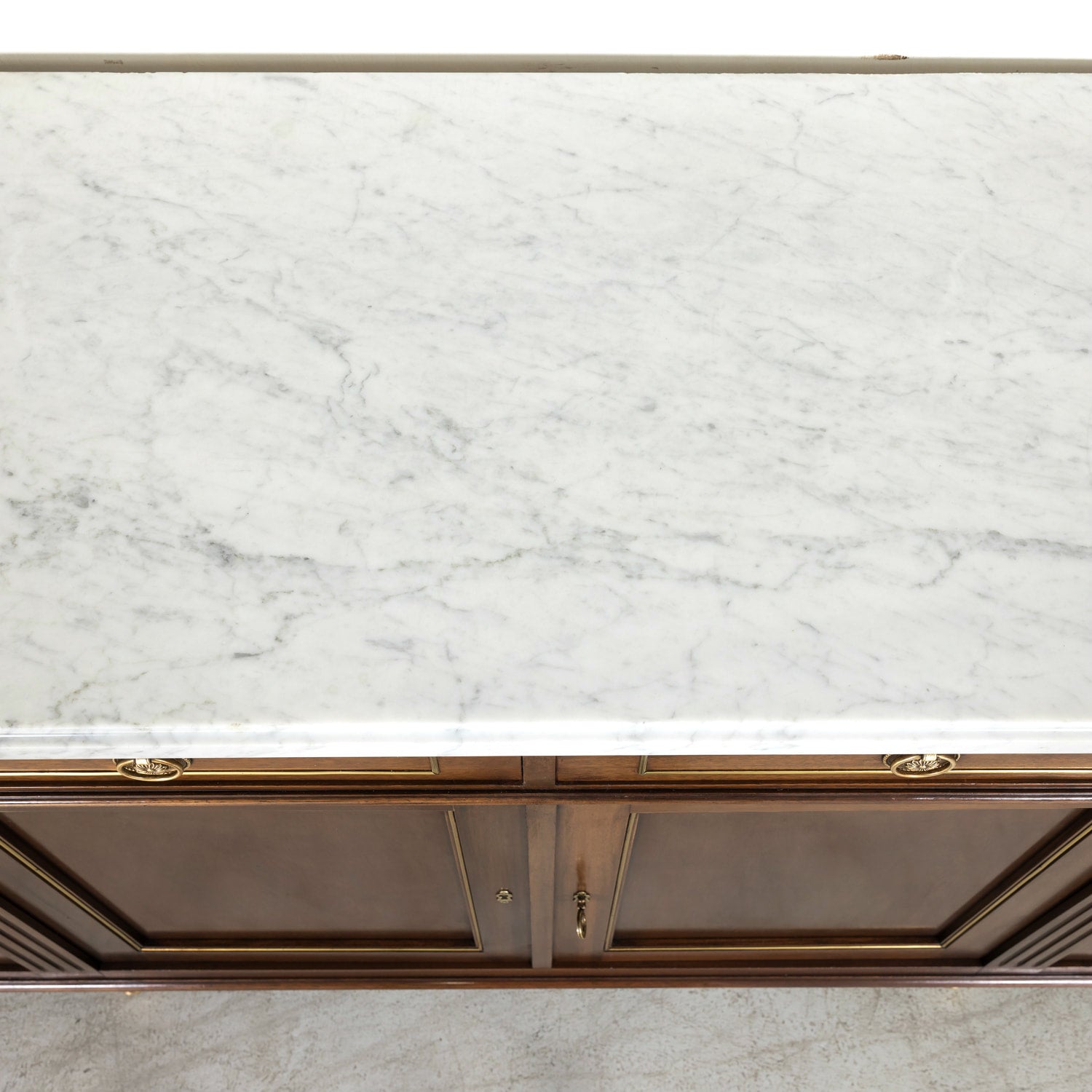 Antique French Louis XVI Style Mahogany Enfilade Buffet with Carrara Marble Top and Brass Trim