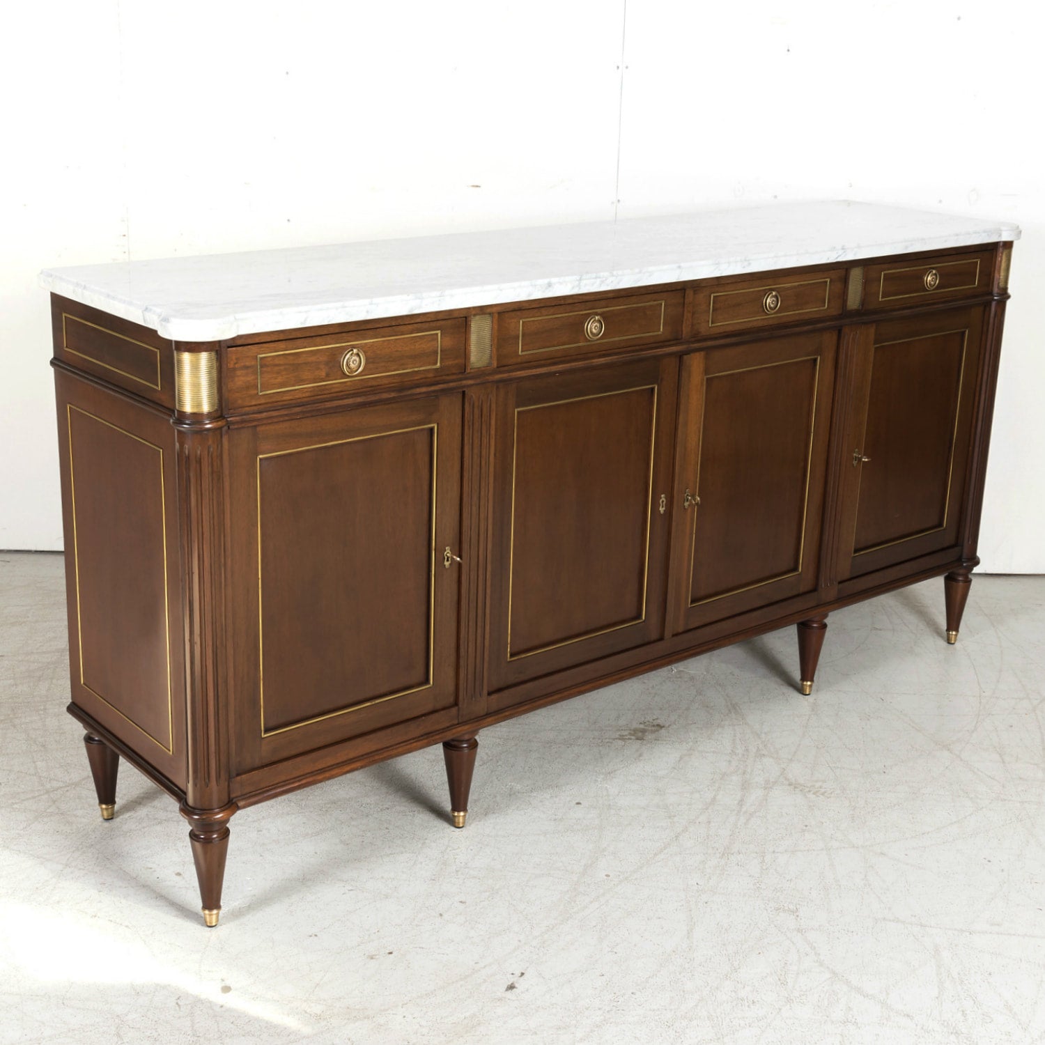 Antique French Louis XVI Style Mahogany Enfilade Buffet with Carrara Marble Top and Brass Trim