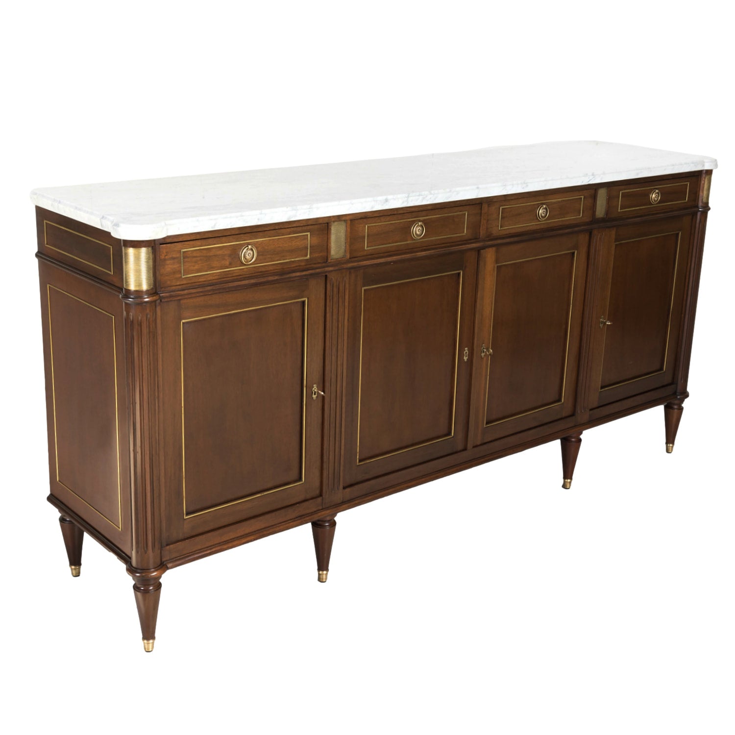 Antique French Louis XVI Style Mahogany Enfilade Buffet with Carrara Marble Top and Brass Trim