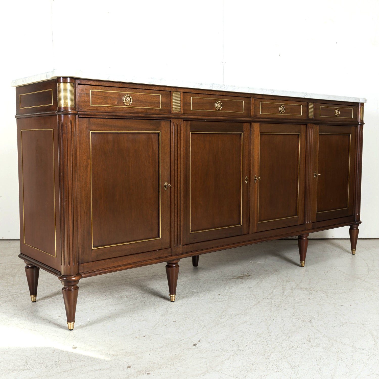 Antique French Louis XVI Style Mahogany Enfilade Buffet with Carrara Marble Top and Brass Trim
