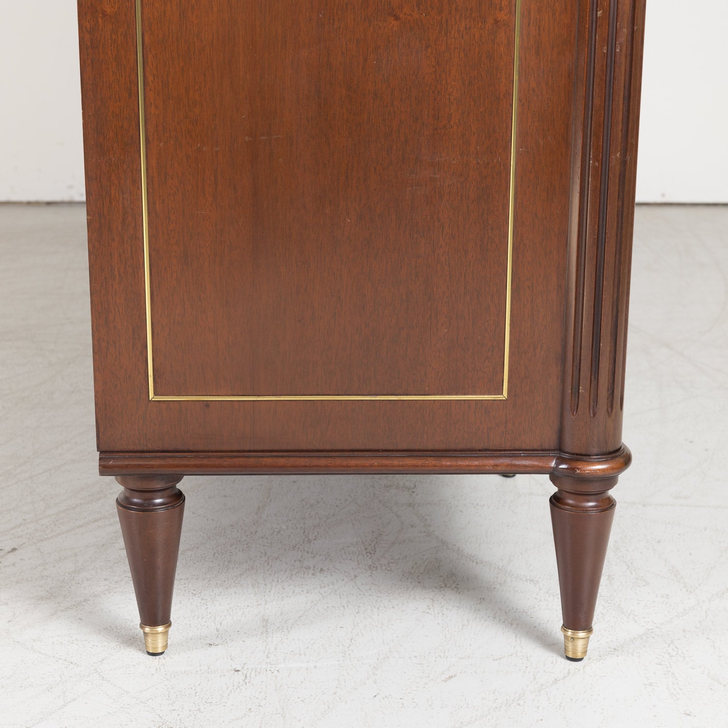 Antique French Louis XVI Style Mahogany Enfilade Buffet with Carrara Marble Top and Brass Trim