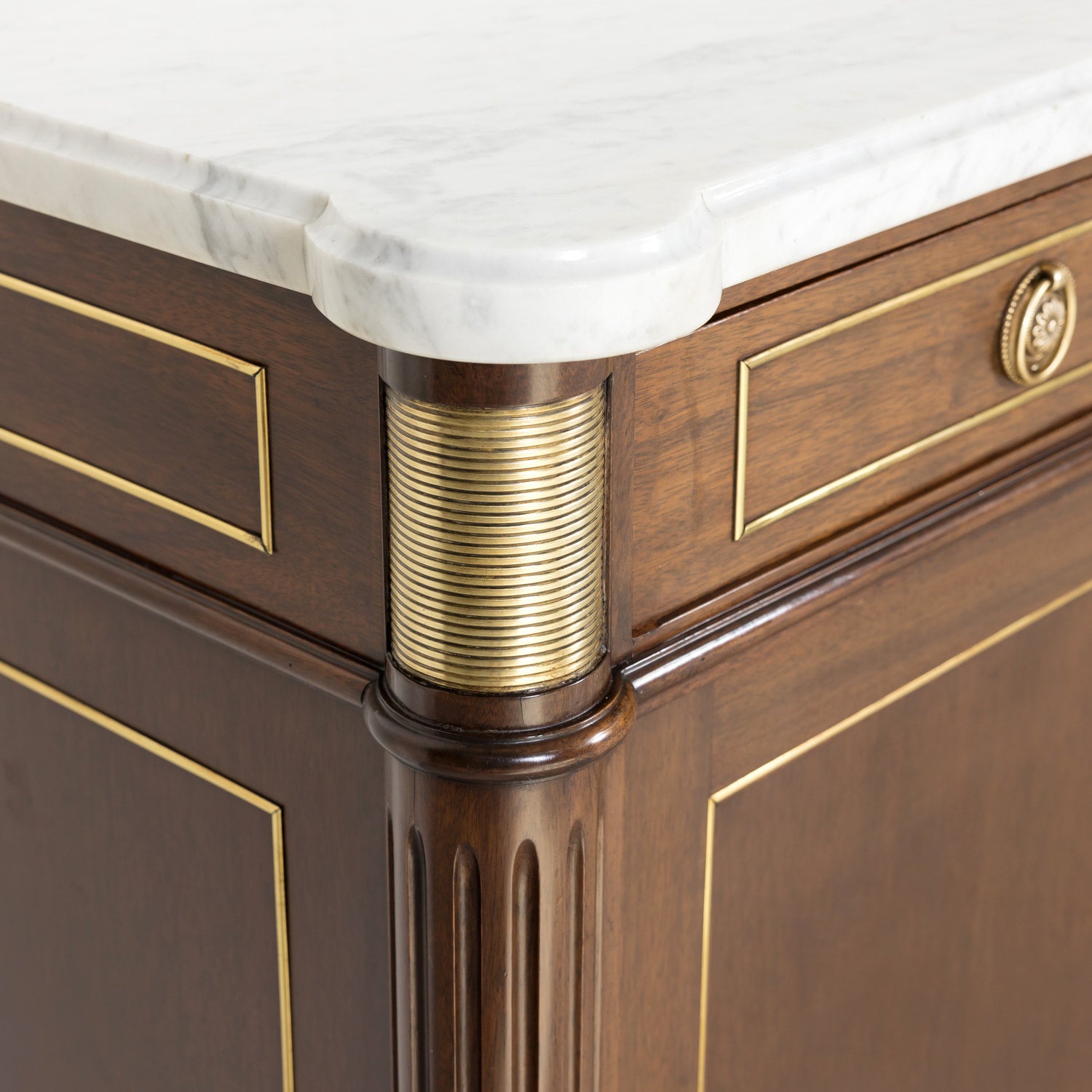 Antique French Louis XVI Style Mahogany Enfilade Buffet with Carrara Marble Top and Brass Trim