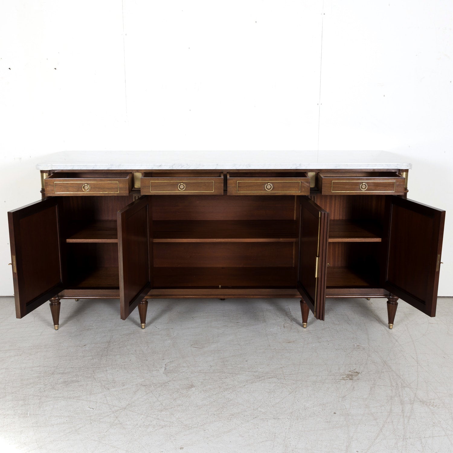 Antique French Louis XVI Style Mahogany Enfilade Buffet with Carrara Marble Top and Brass Trim