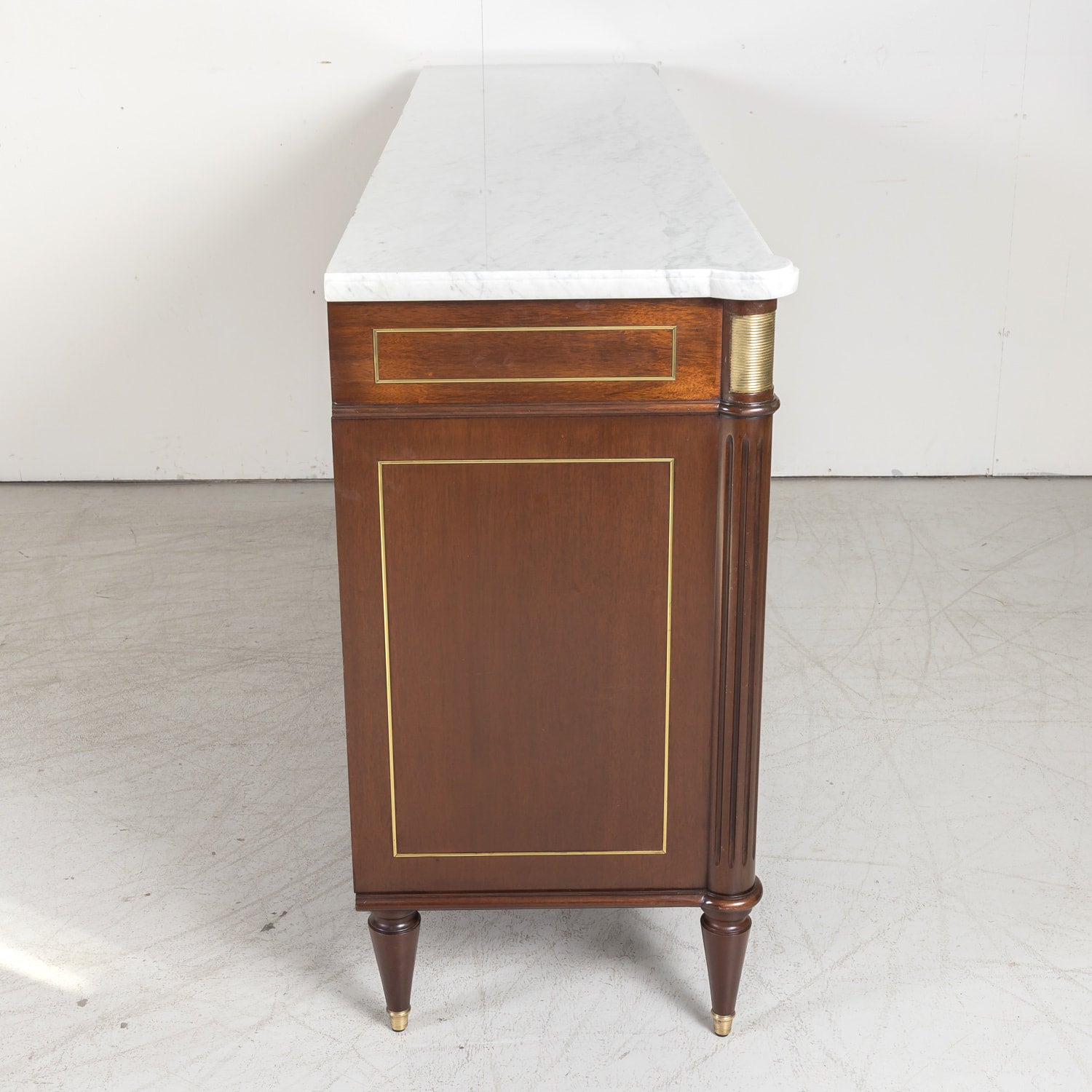 Antique French Louis XVI Style Mahogany Enfilade Buffet with Carrara Marble Top and Brass Trim