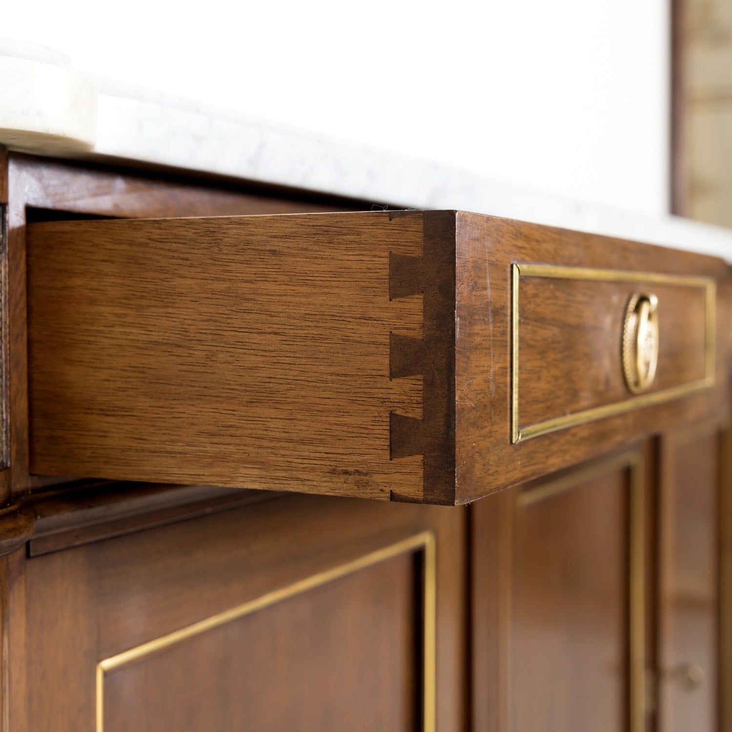 Antique French Louis XVI Style Mahogany Enfilade Buffet with Carrara Marble Top and Brass Trim