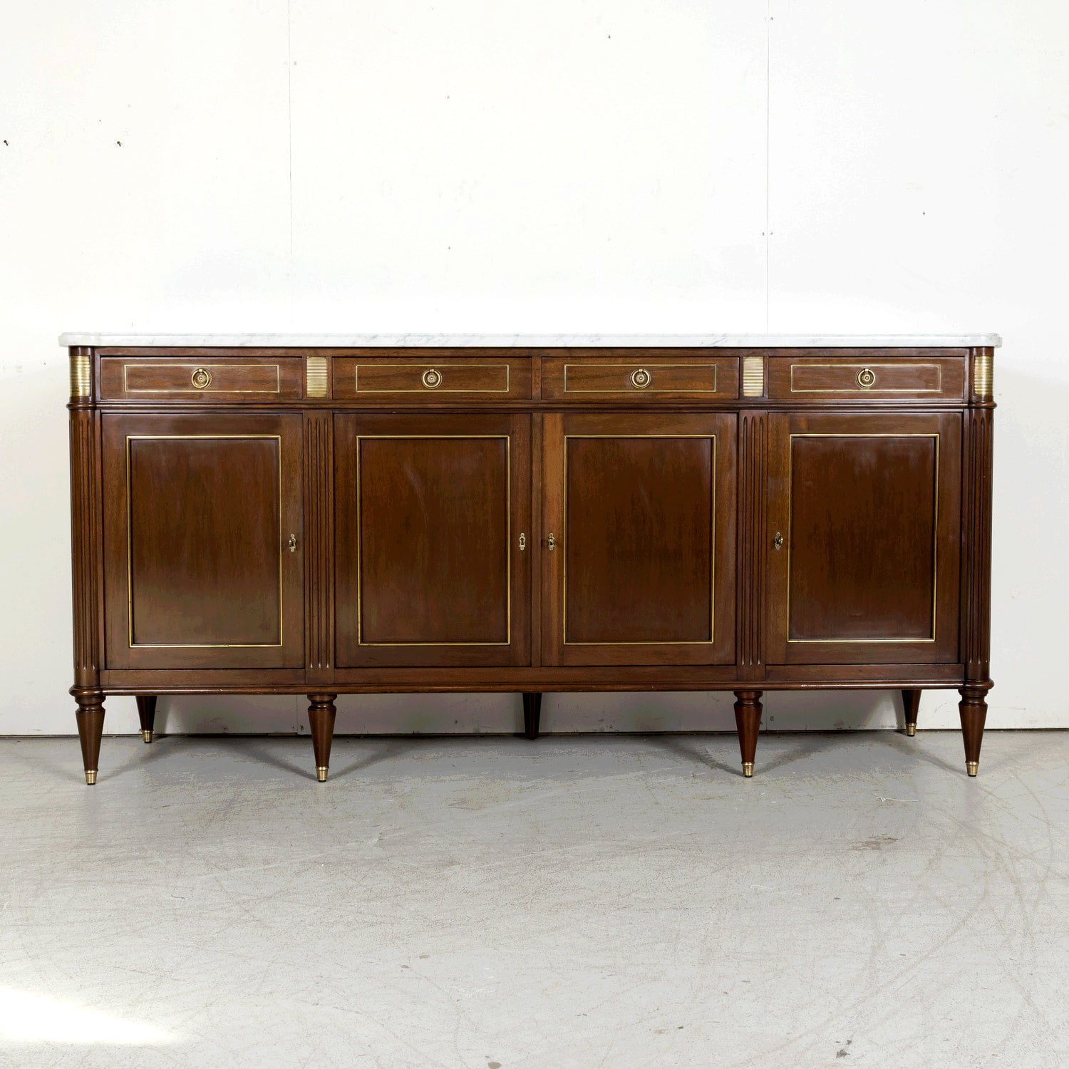 Antique French Louis XVI Style Mahogany Enfilade Buffet with Carrara Marble Top and Brass Trim