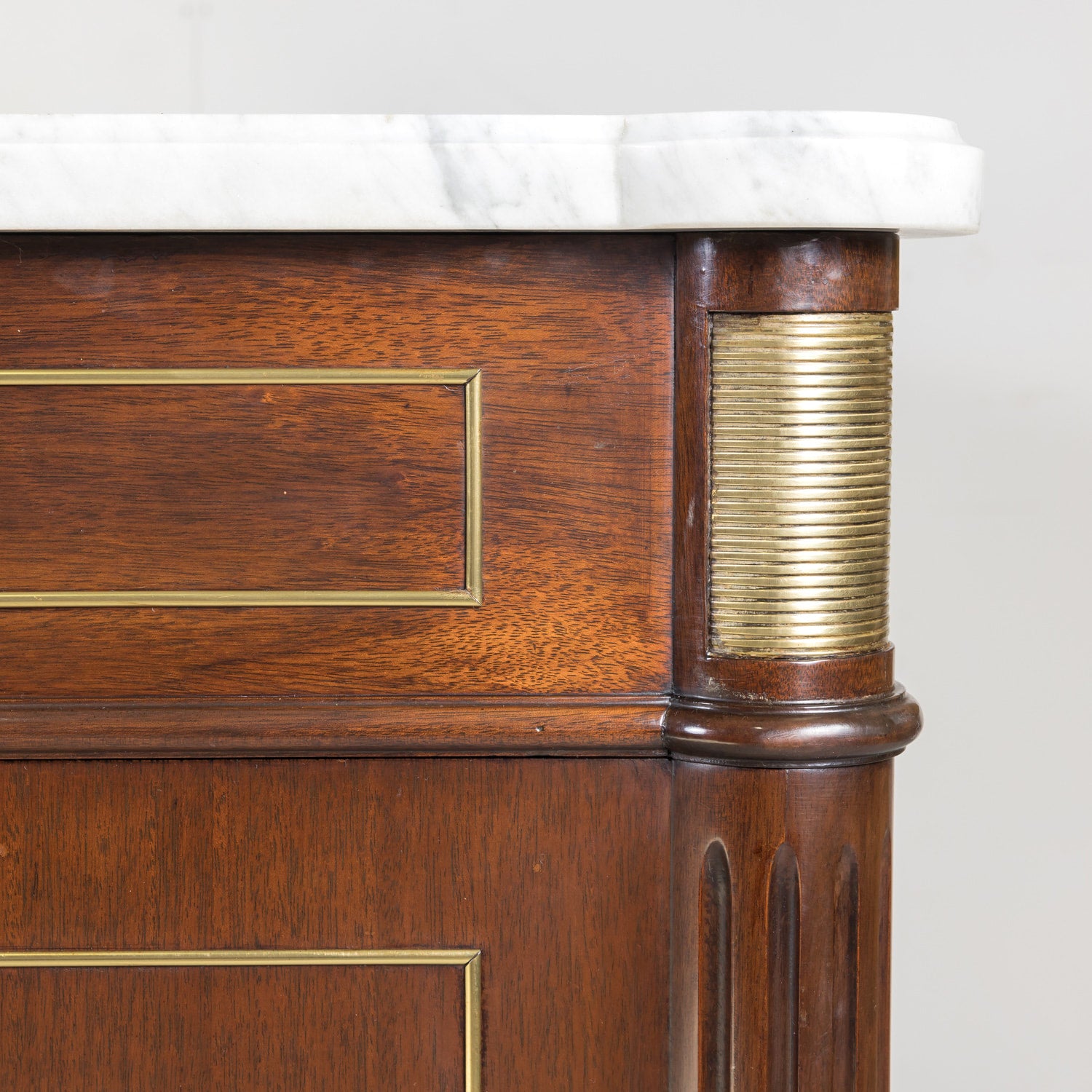 Antique French Louis XVI Style Mahogany Enfilade Buffet with Carrara Marble Top and Brass Trim