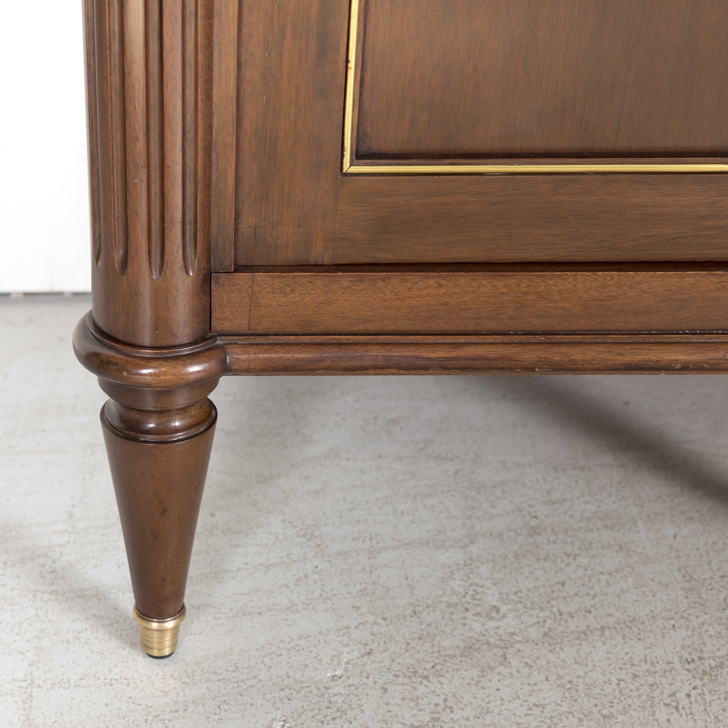 Antique French Louis XVI Style Mahogany Enfilade Buffet with Carrara Marble Top and Brass Trim