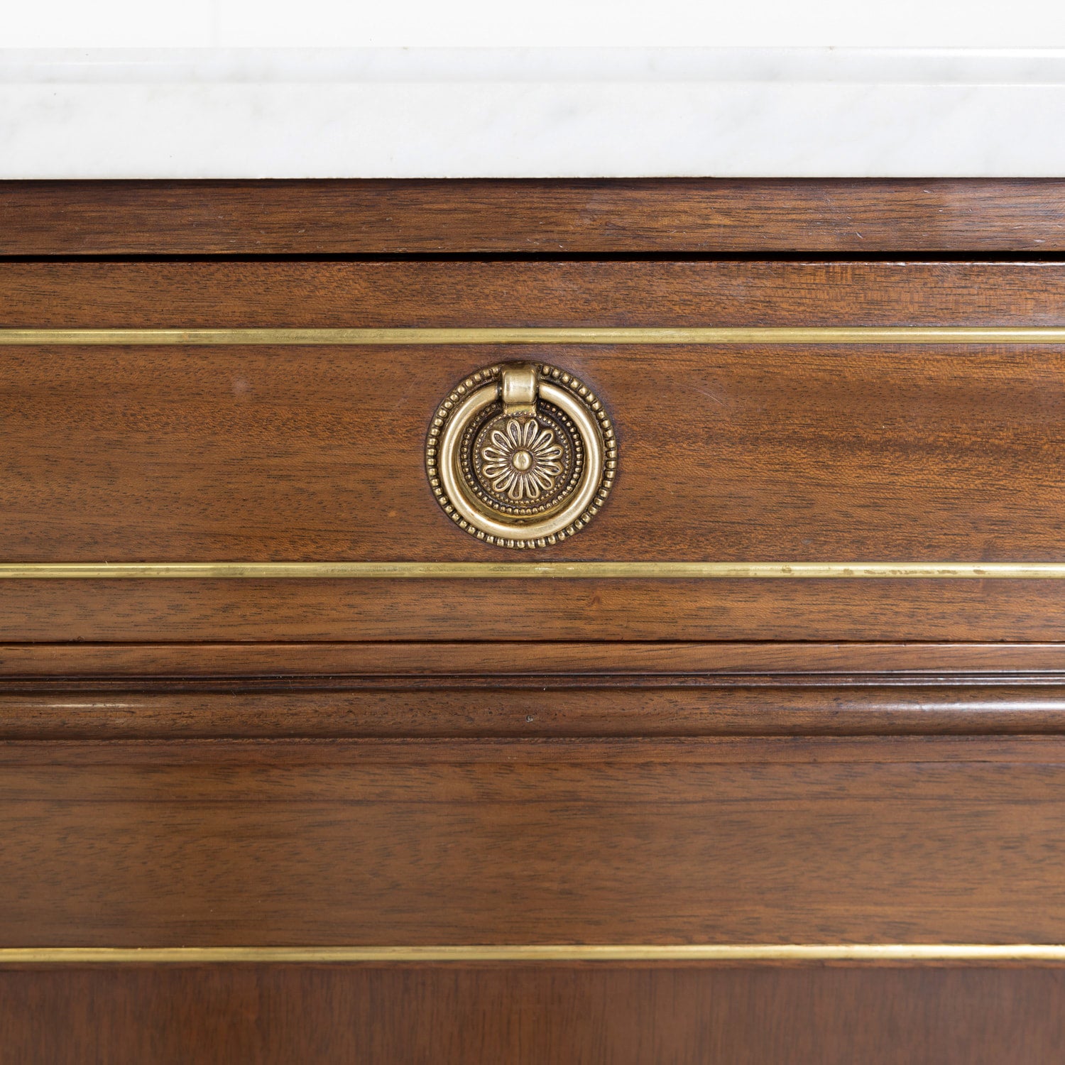 Antique French Louis XVI Style Mahogany Enfilade Buffet with Carrara Marble Top and Brass Trim