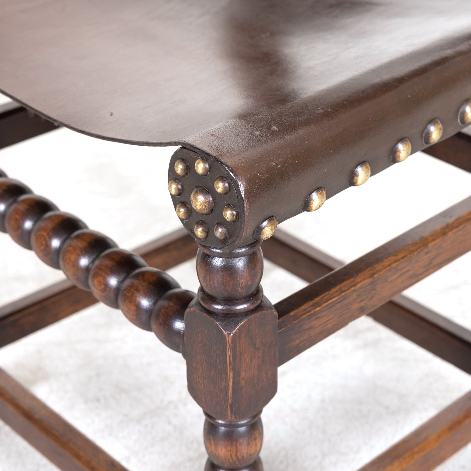 Set of 6 Spanish Renaissance Style Leather and Oak Side Chairs with Brass Nailhead Trim