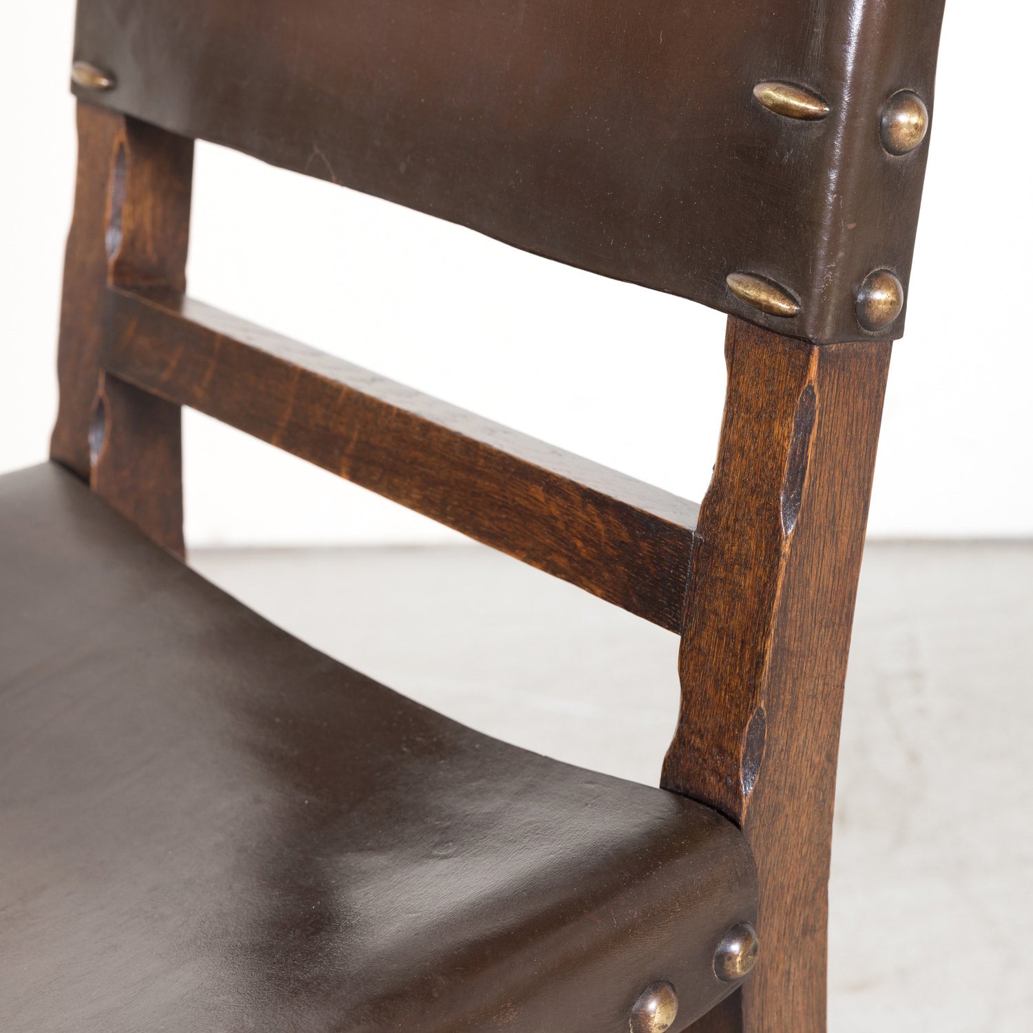 Set of 6 Spanish Renaissance Style Leather and Oak Side Chairs with Brass Nailhead Trim