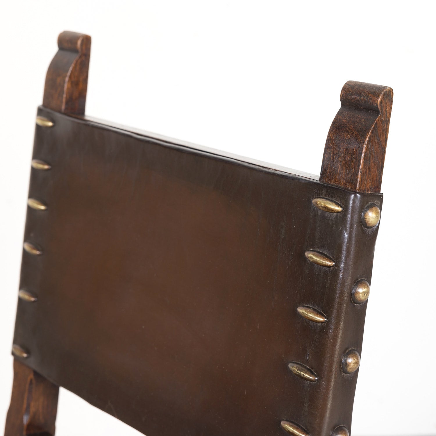 Set of 6 Spanish Renaissance Style Leather and Oak Side Chairs with Brass Nailhead Trim