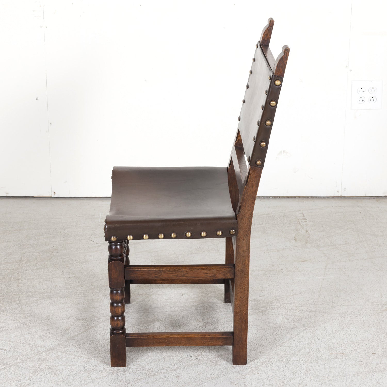 Set of 6 Spanish Renaissance Style Leather and Oak Side Chairs with Brass Nailhead Trim