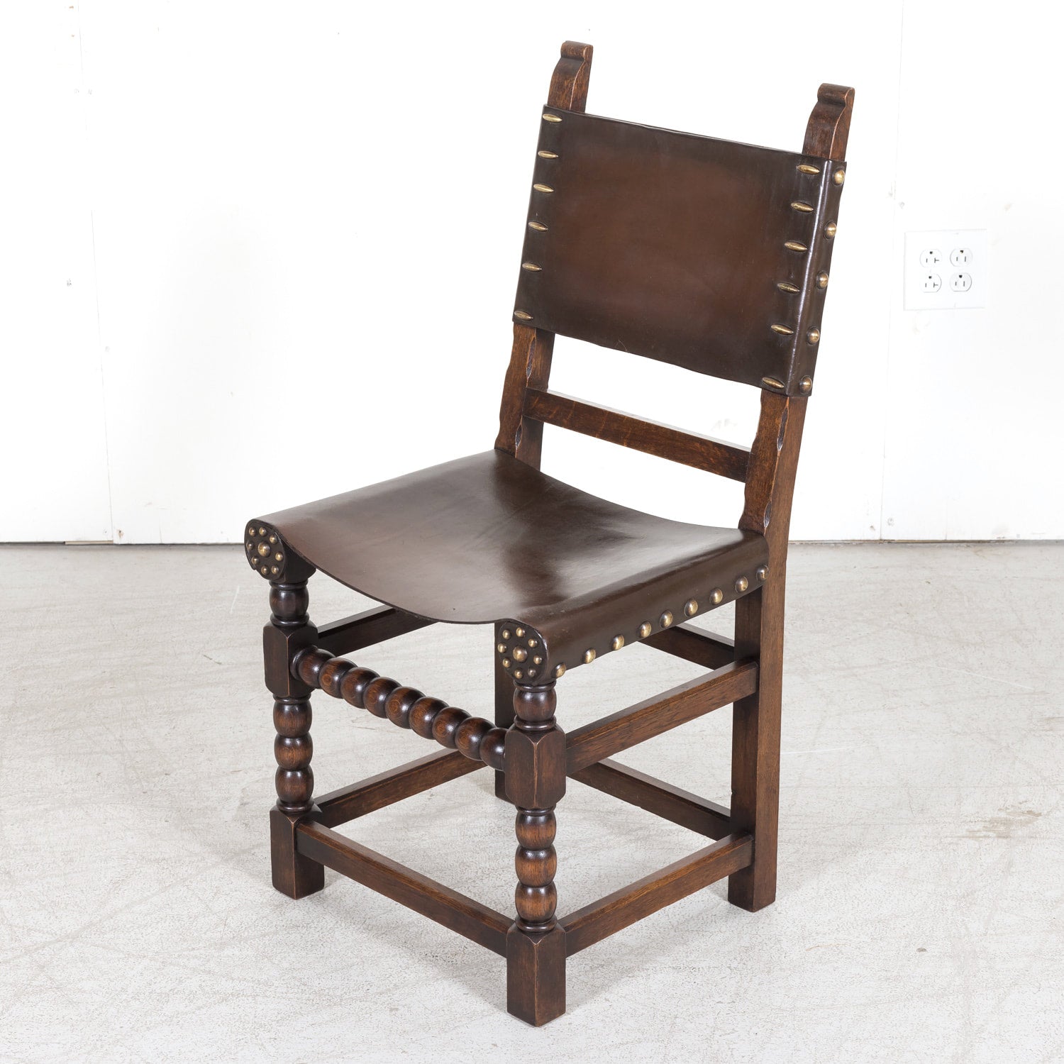 Set of 6 Spanish Renaissance Style Leather and Oak Side Chairs with Brass Nailhead Trim
