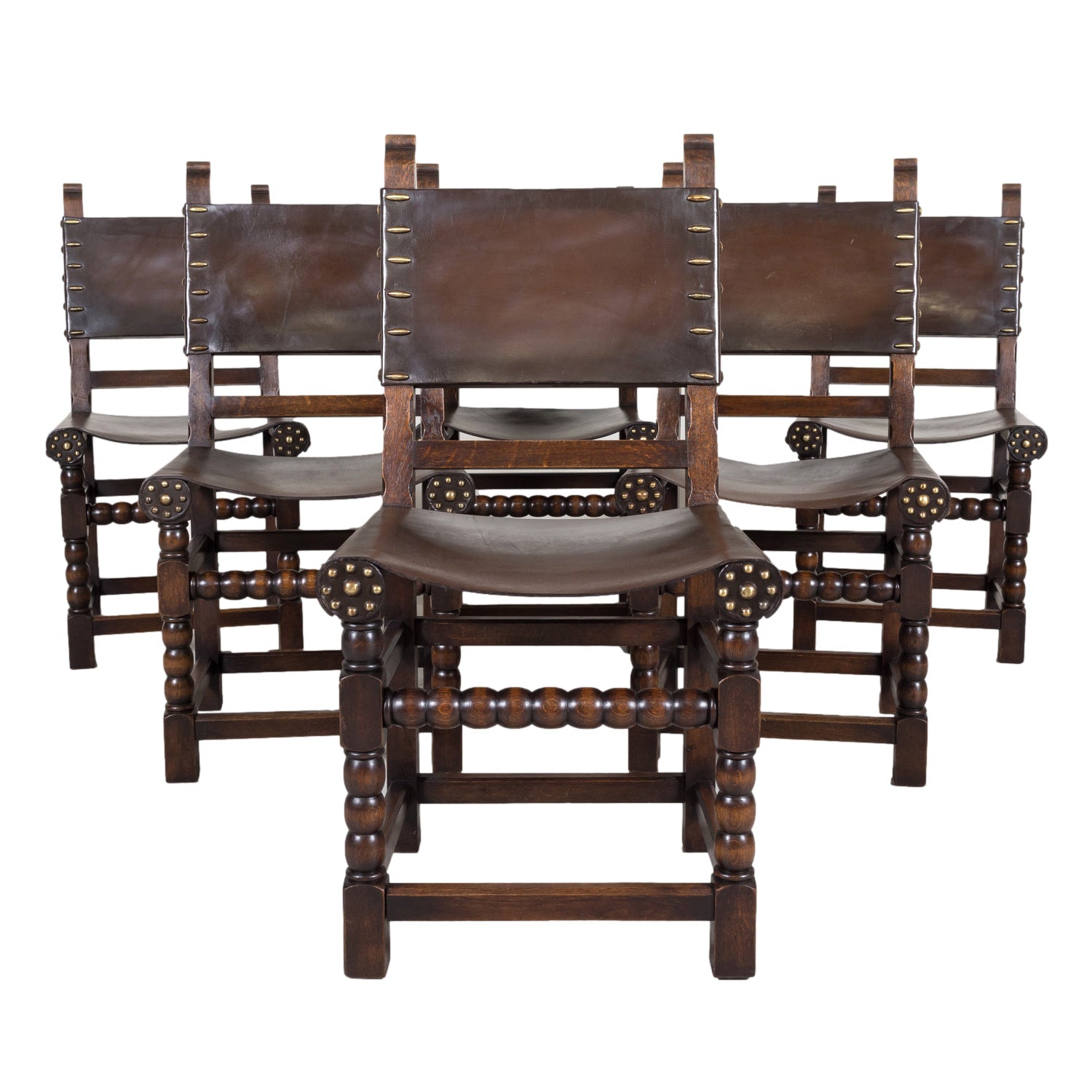 Set of 6 Spanish Renaissance Style Leather and Oak Side Chairs with Brass Nailhead Trim