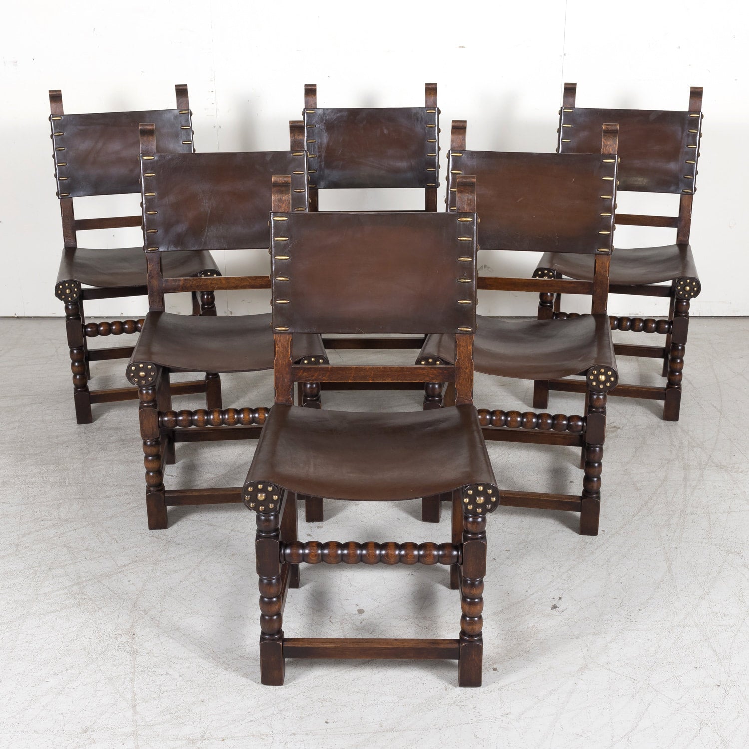 Set of 6 Spanish Renaissance Style Leather and Oak Side Chairs with Brass Nailhead Trim