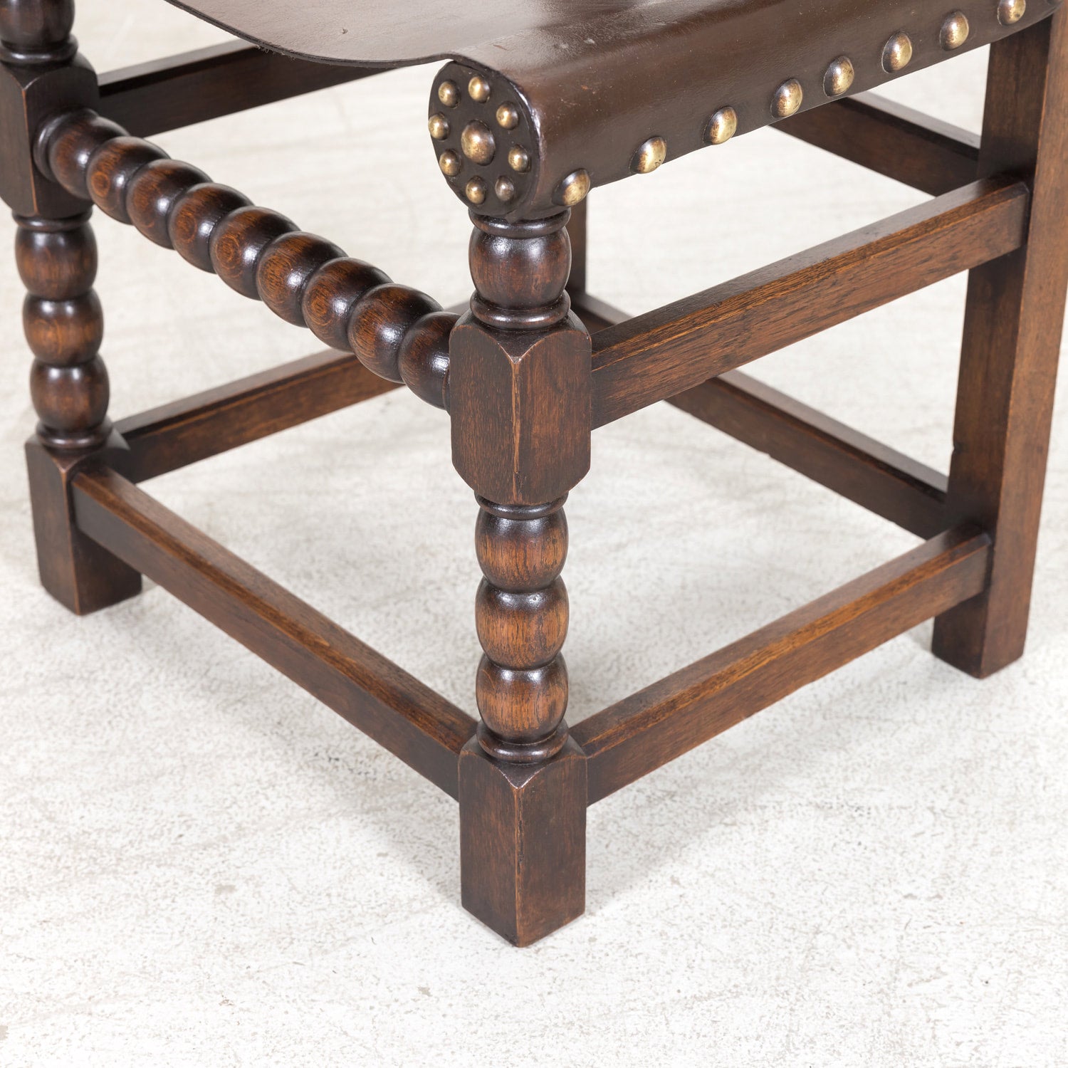 Set of 6 Spanish Renaissance Style Leather and Oak Side Chairs with Brass Nailhead Trim