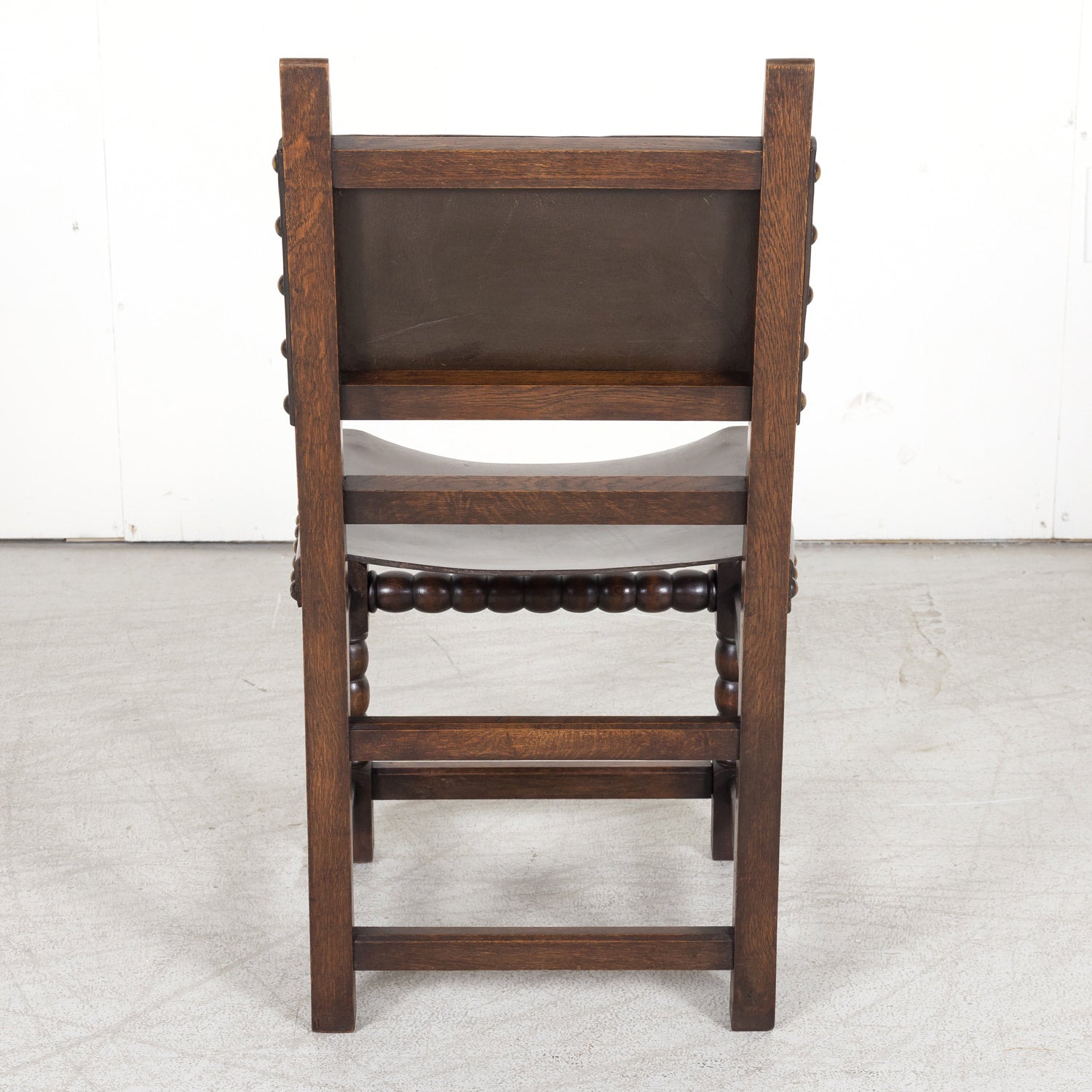 Set of 6 Spanish Renaissance Style Leather and Oak Side Chairs with Brass Nailhead Trim