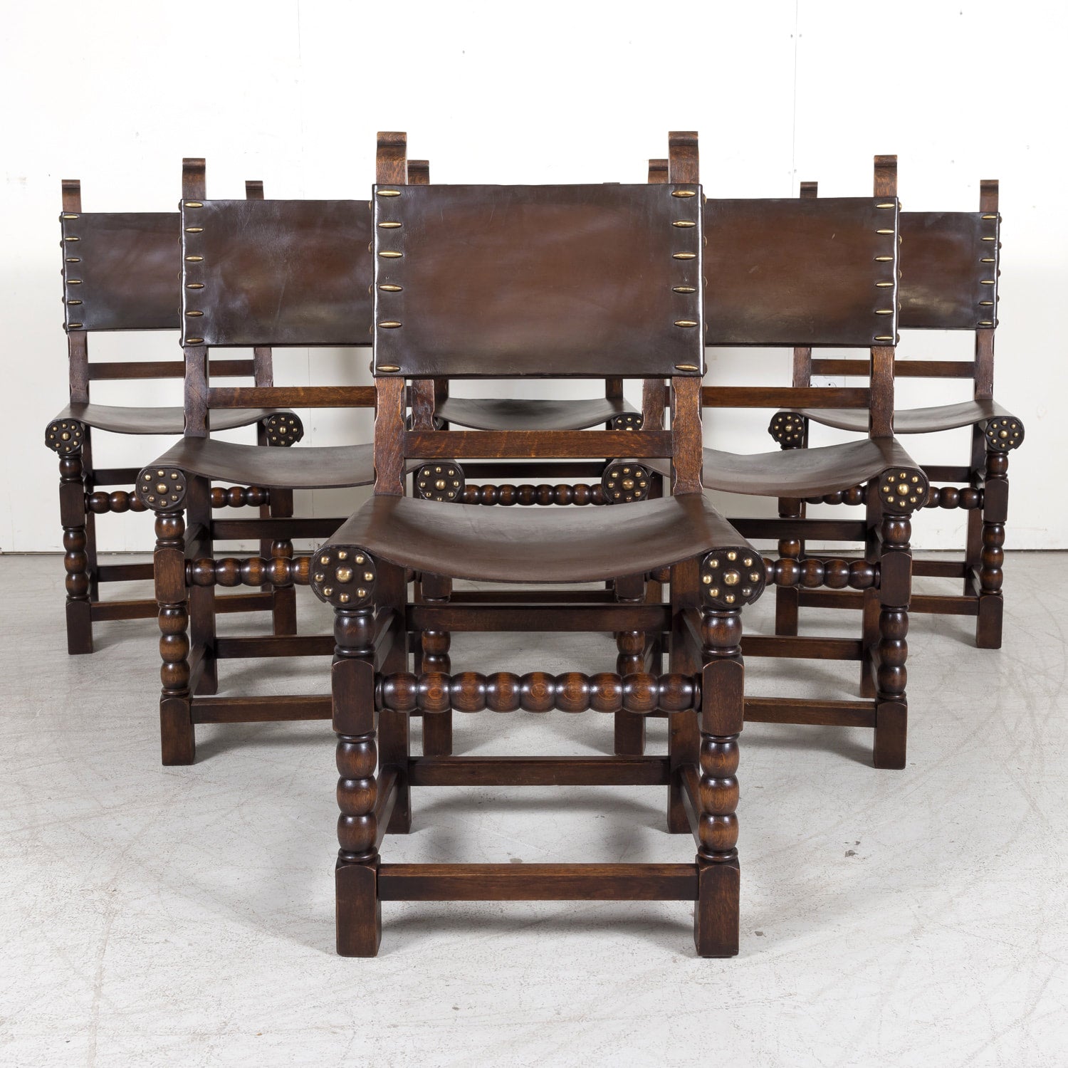 Set of 6 Spanish Renaissance Style Leather and Oak Side Chairs with Brass Nailhead Trim